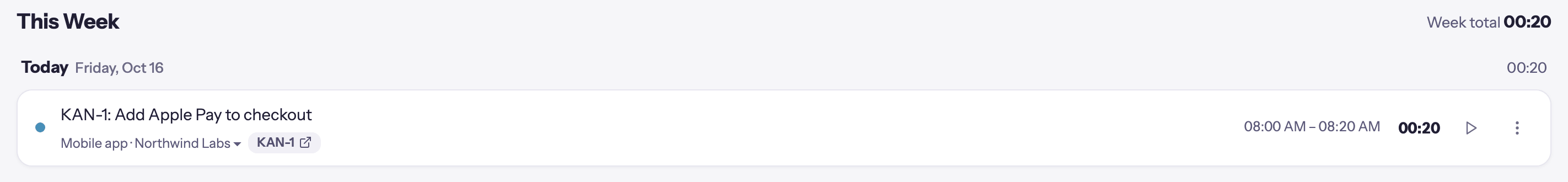 A time entry in Quanta with the KAN-1 chip that links back to the Jira issue