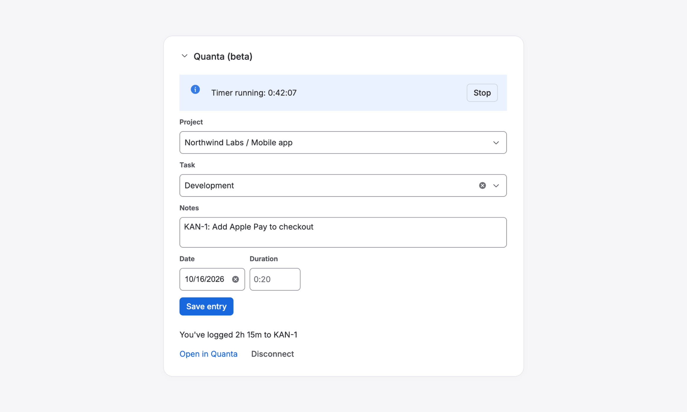 The Quanta (beta) panel with a timer running on the issue