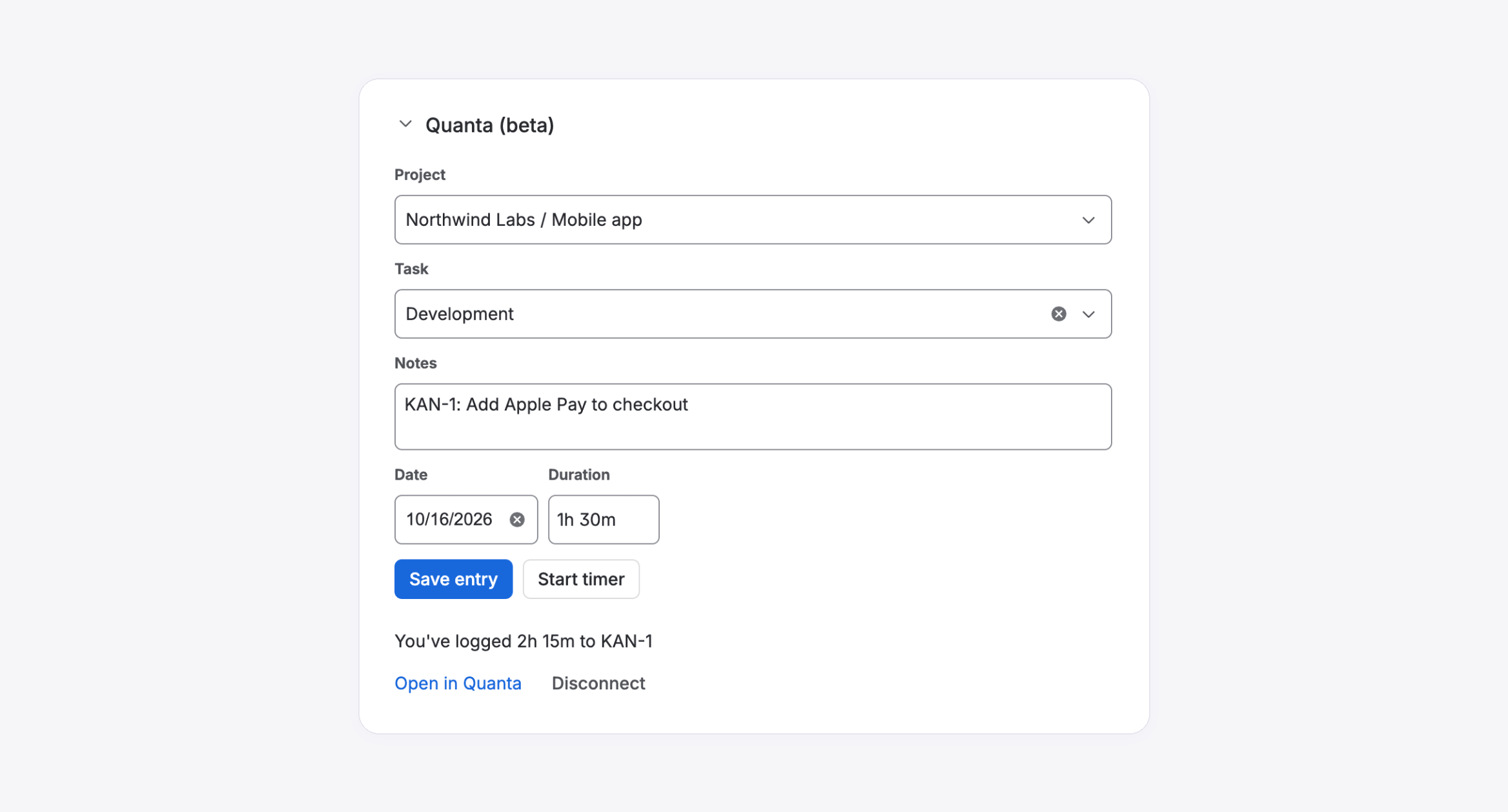 The Quanta (beta) panel in a Jira issue, with the project, task, notes, date and duration filled in