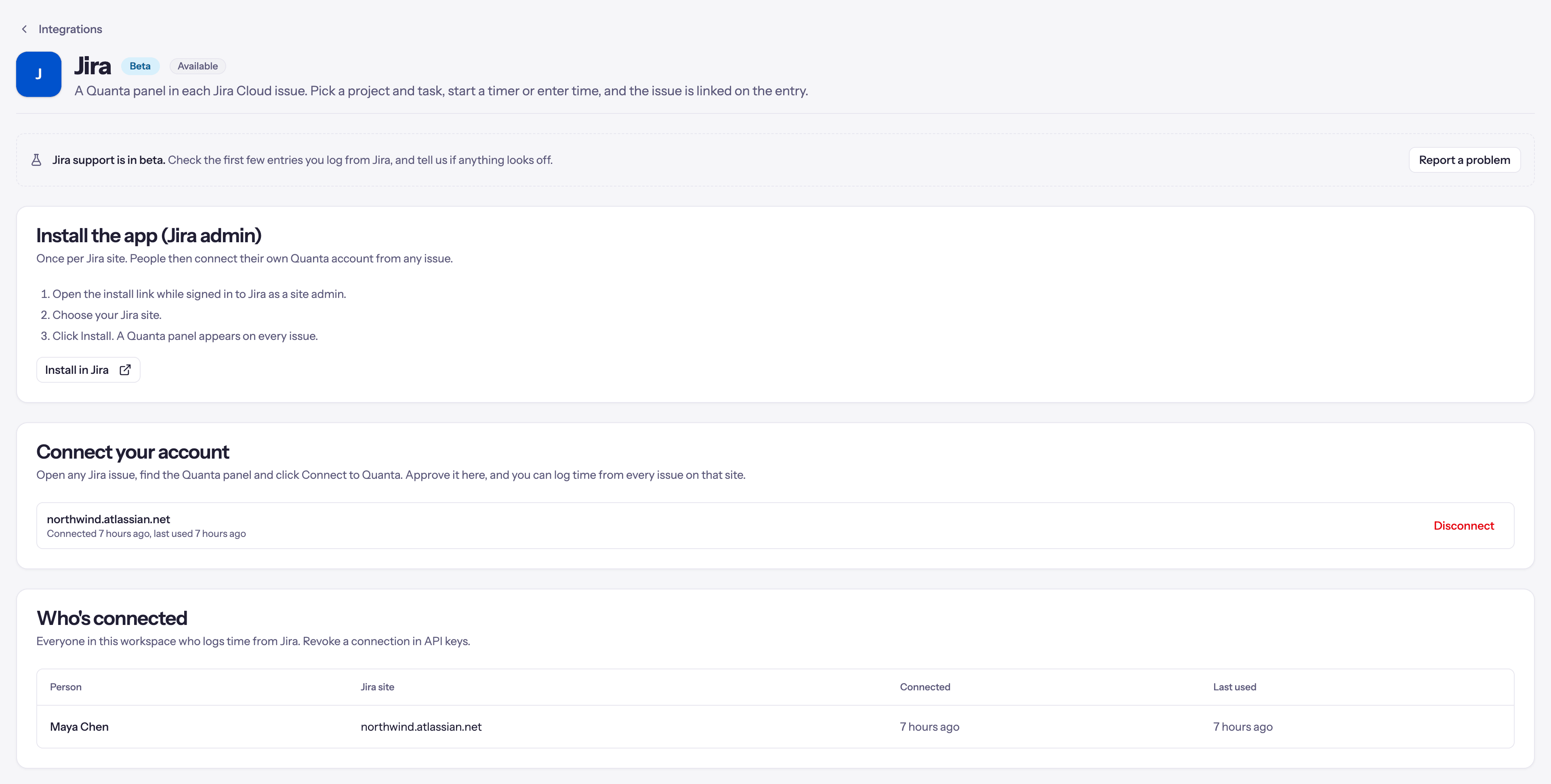 The Jira page in Quanta's settings, with the install steps and the Install in Jira button