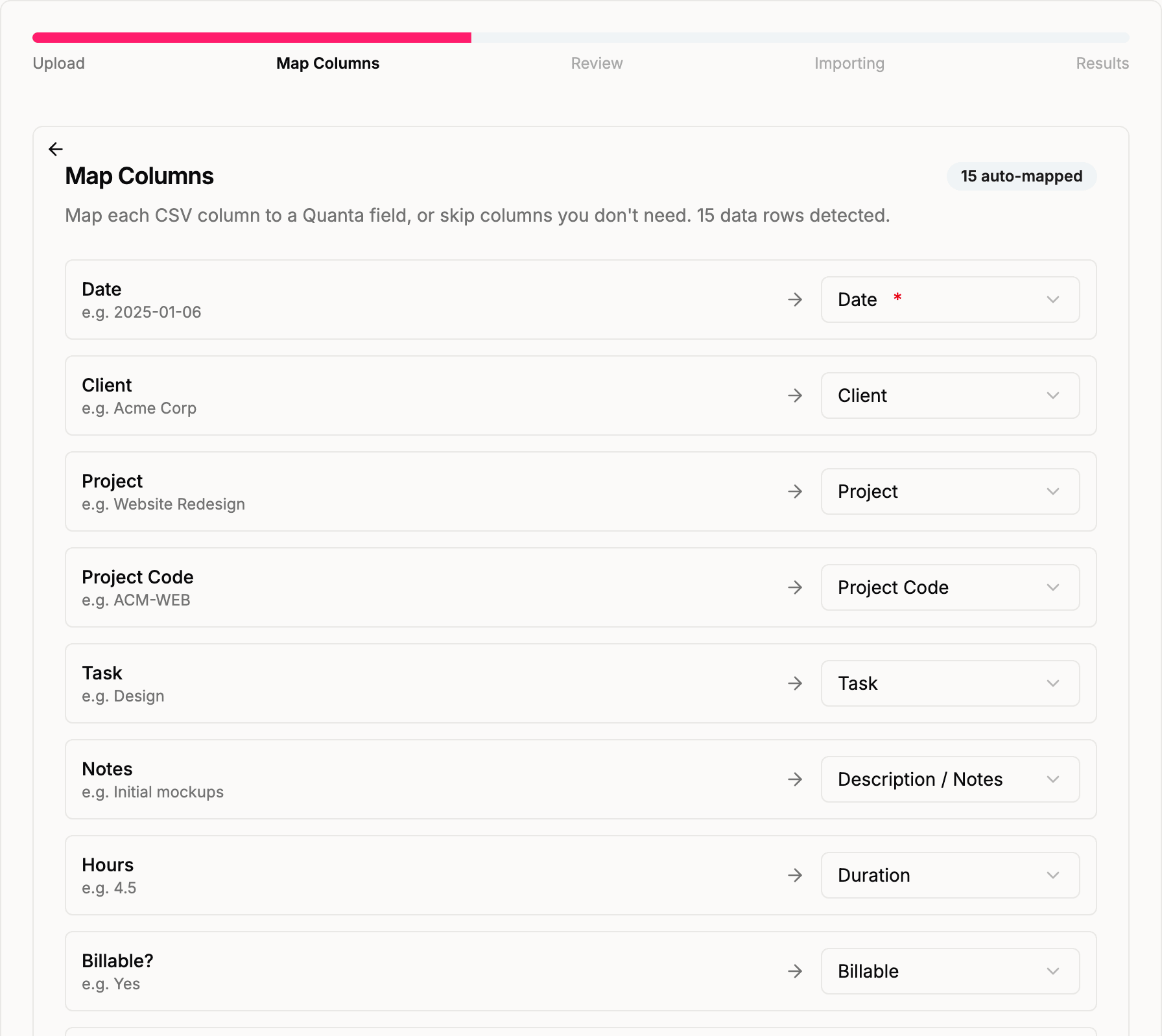 Placeholder: column mapping step with Harvest headers auto-detected