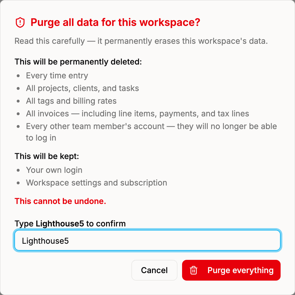 The Purge All Data confirmation dialog — type your workspace name to confirm before anything is deleted