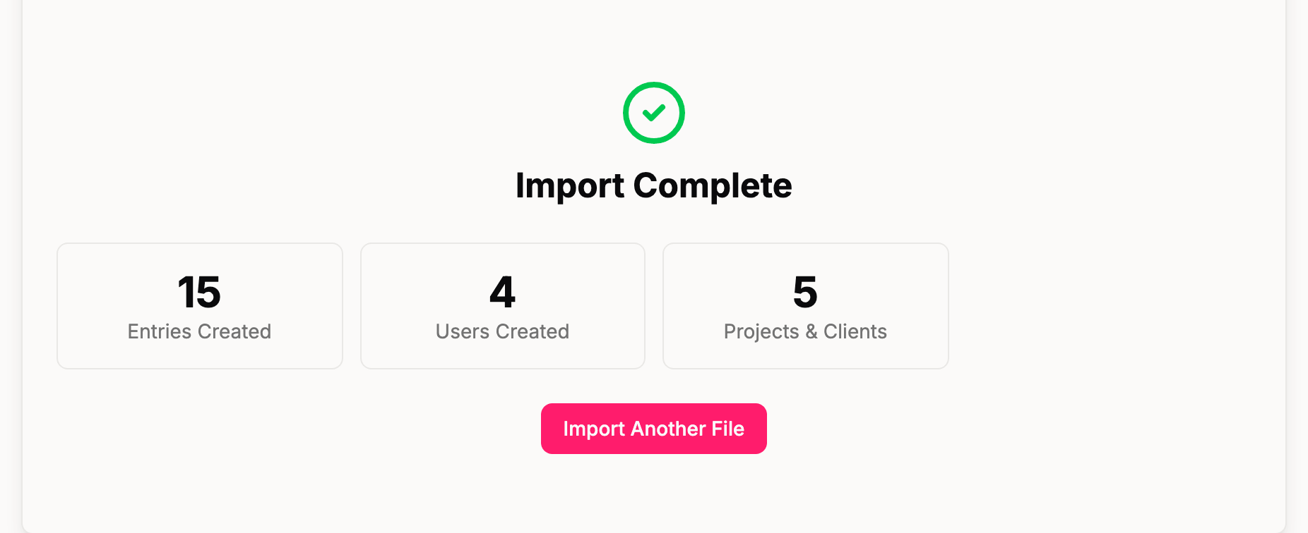Placeholder: import results screen showing entries, users, and projects created