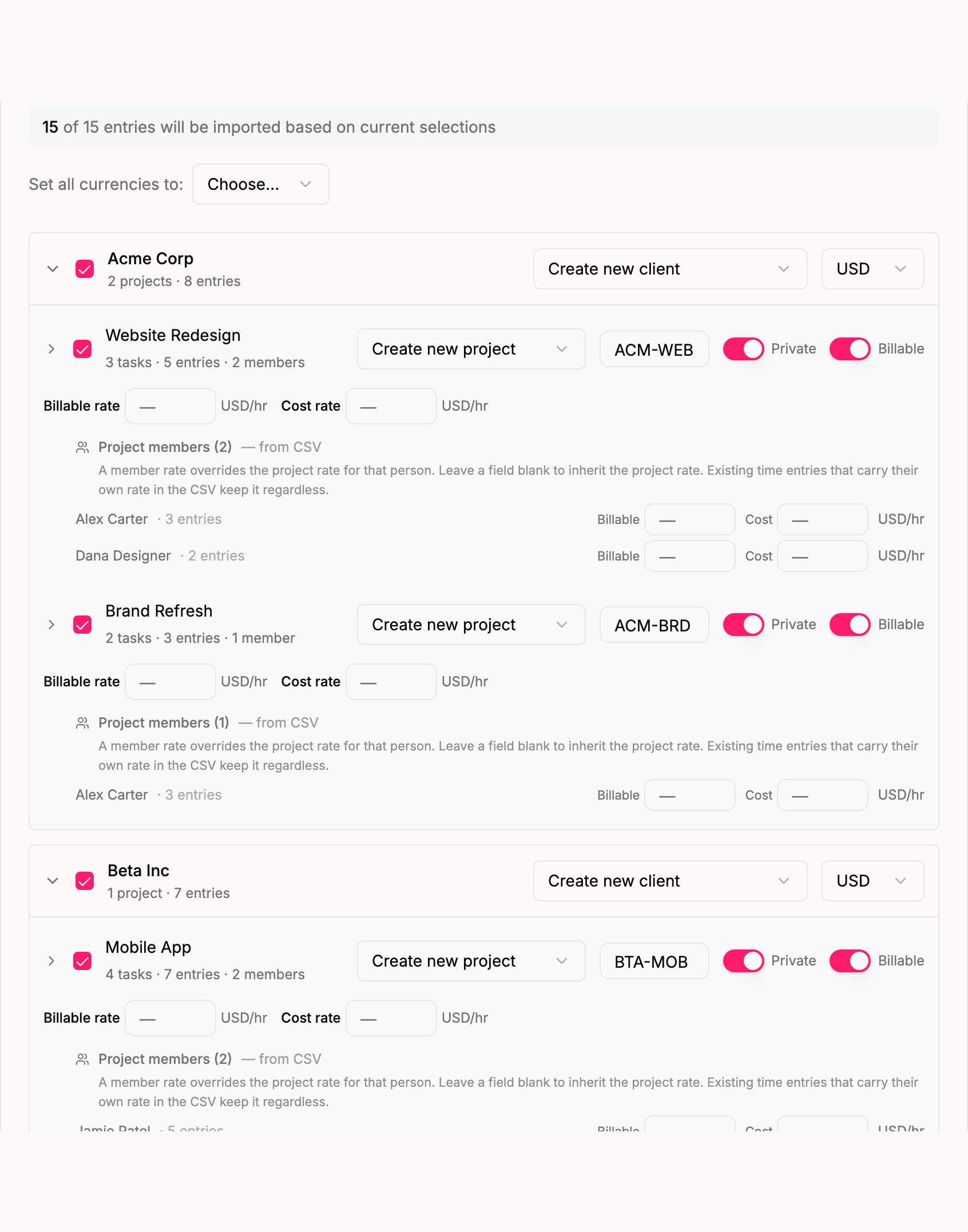 Placeholder: the clients/projects/tasks review tree with the live running total