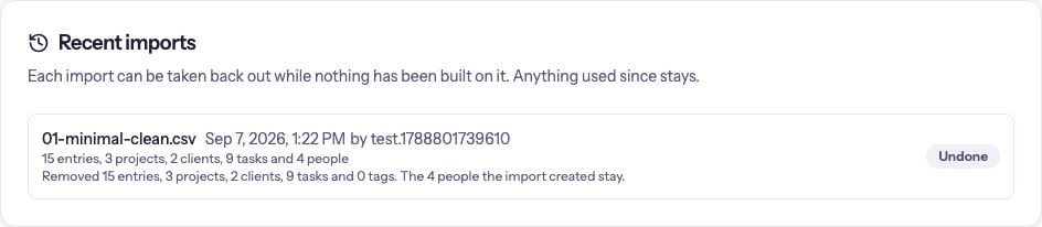 Recent imports on the Import page, with the undo for the latest one