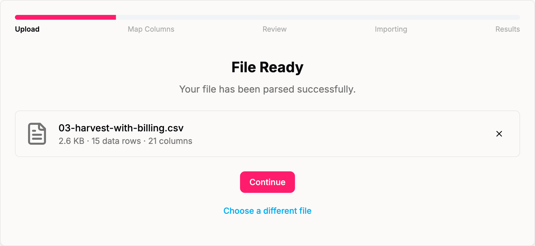 Placeholder: Quanta CSV import wizard, upload step