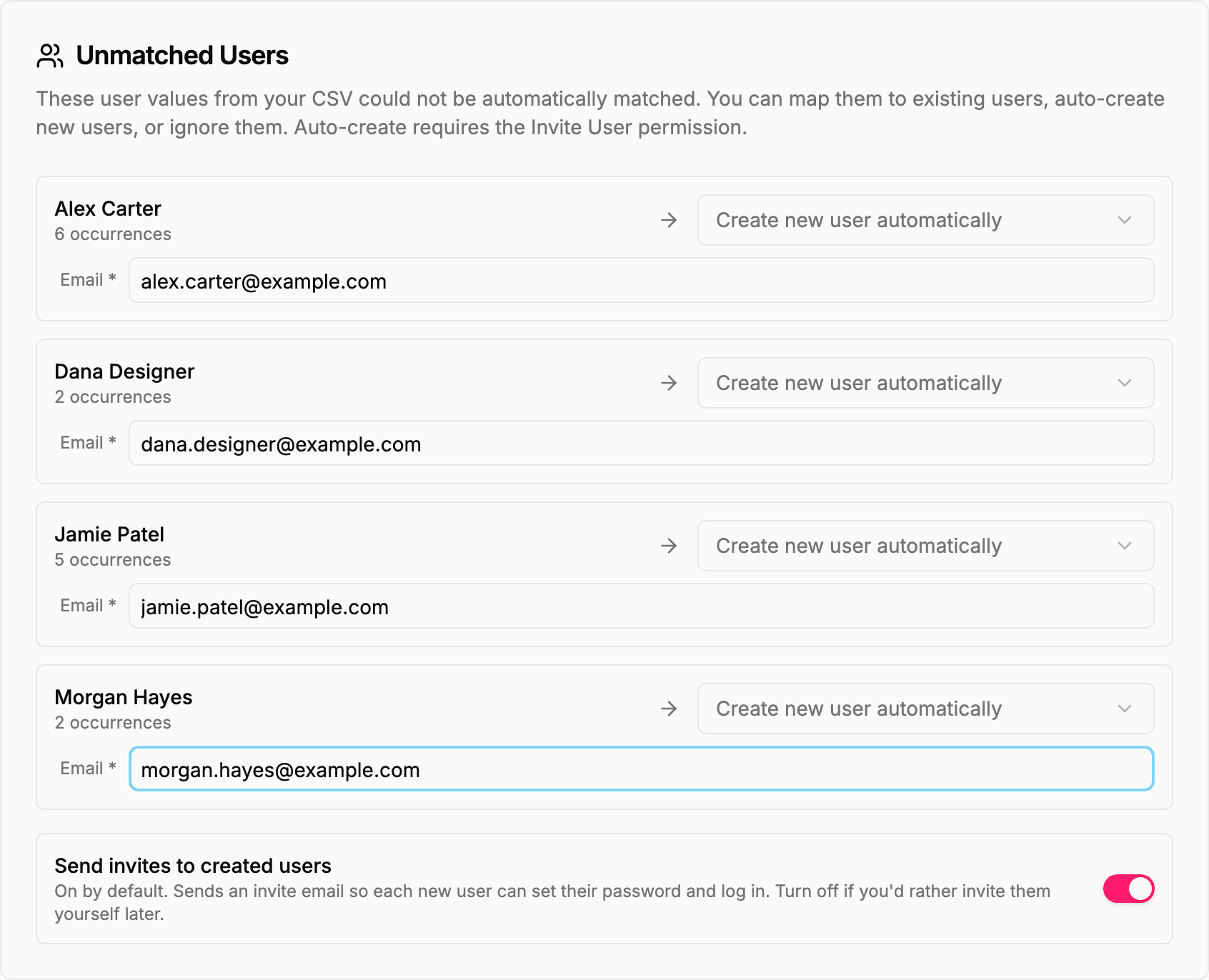 Placeholder: Unmatched Users step mapping Harvest names to Quanta users