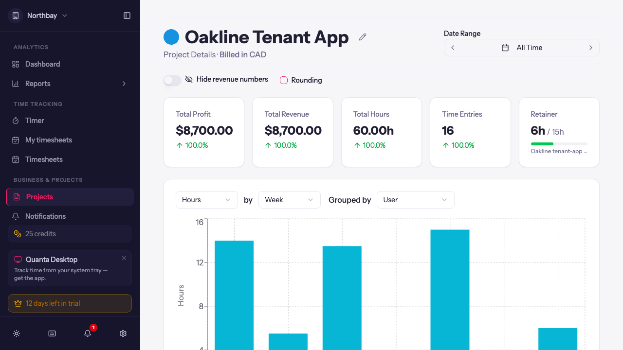 A project page showing the retainer card with hours used against the allowance