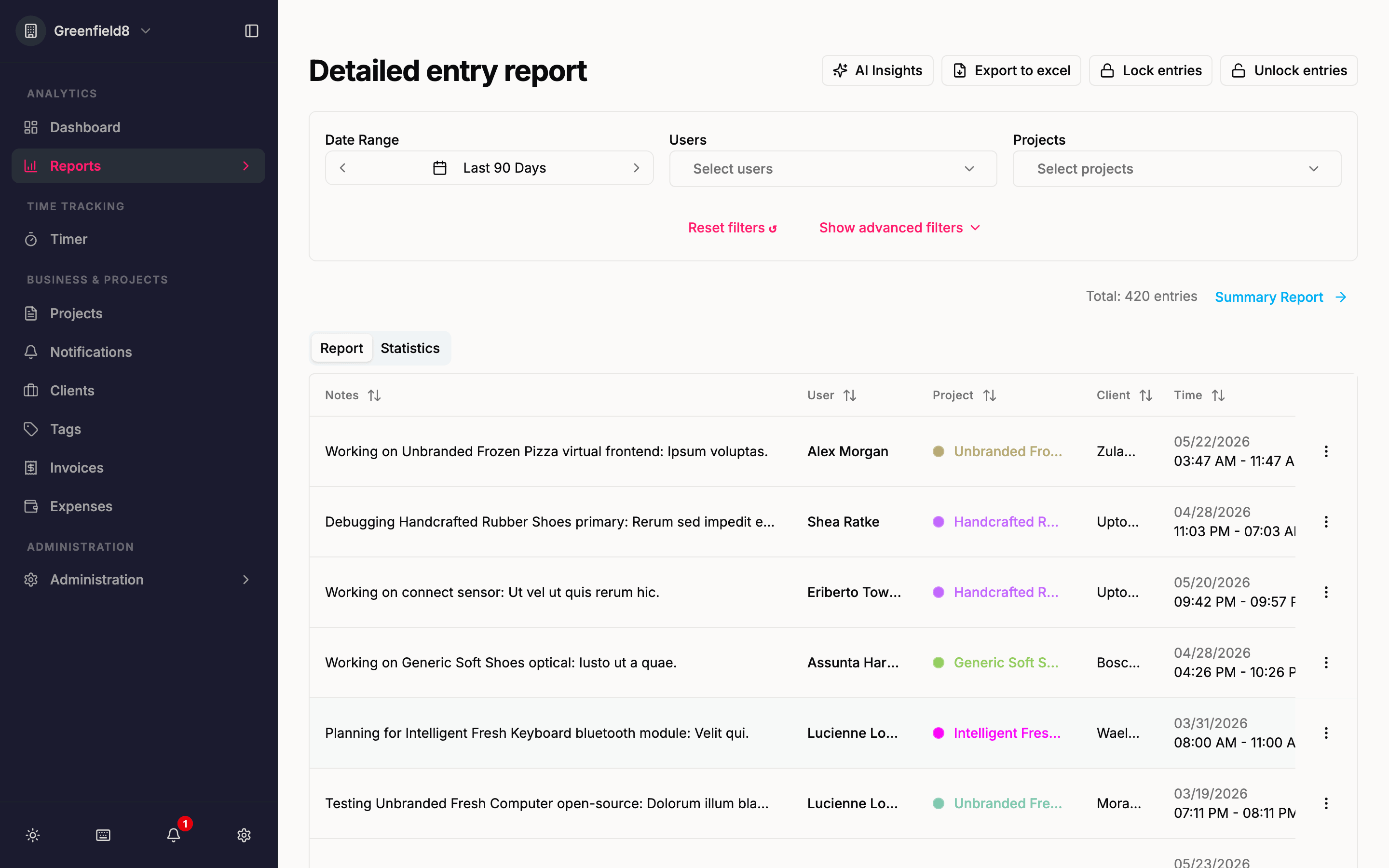 Detailed reports with filters by date range, user, project, and more