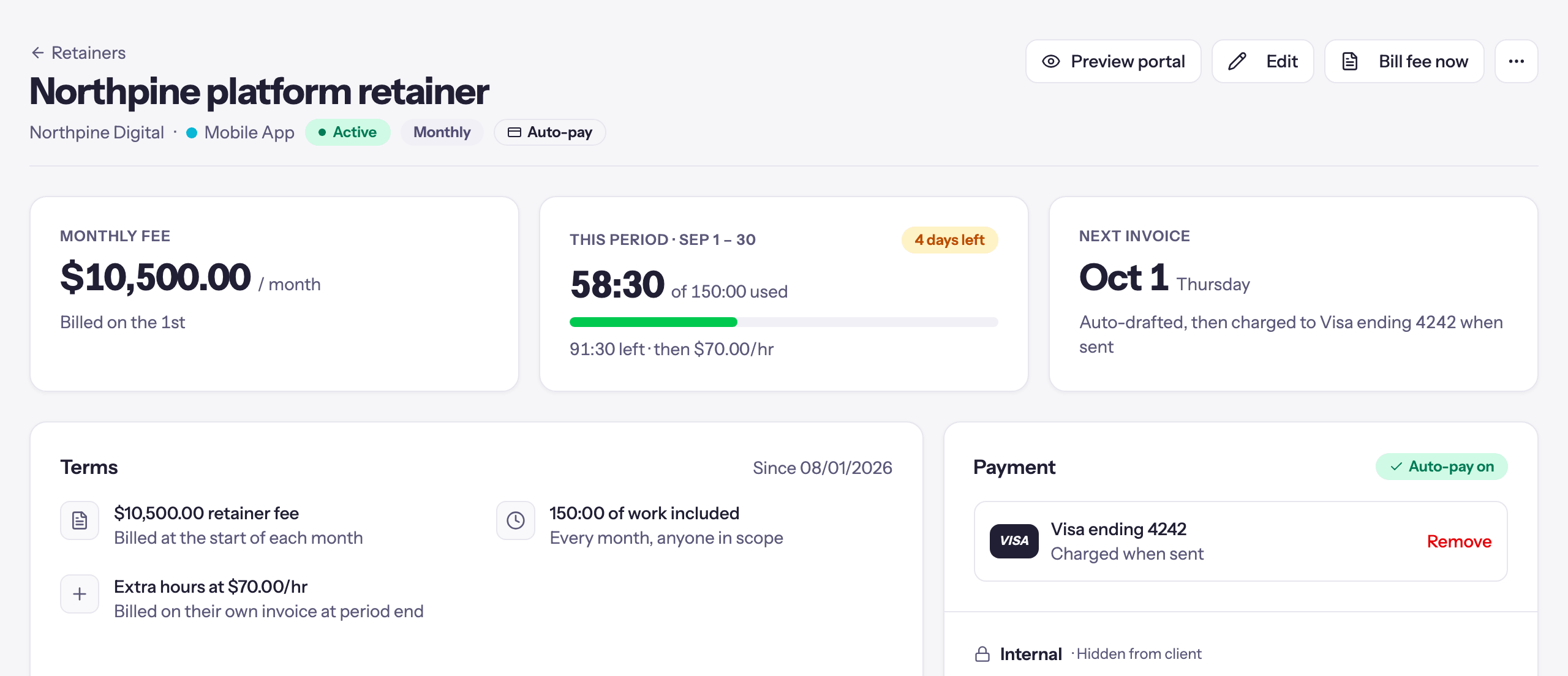 A retainer's page in Quanta with the Payment card: auto-pay on, and the saved card charged when each invoice is sent