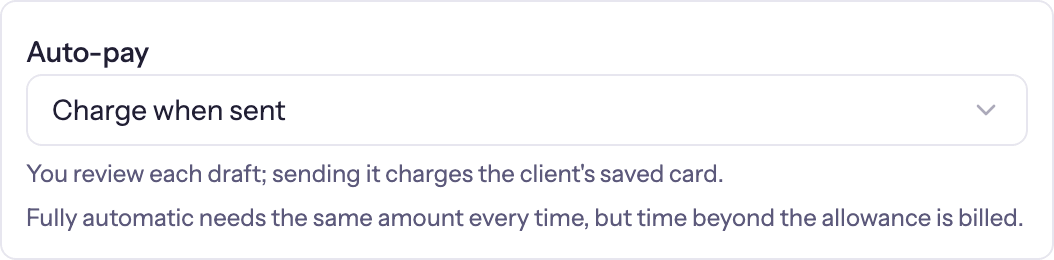 The Auto-pay setting on a retainer, set to Charge when sent: you review each draft, and sending it charges the client's saved card