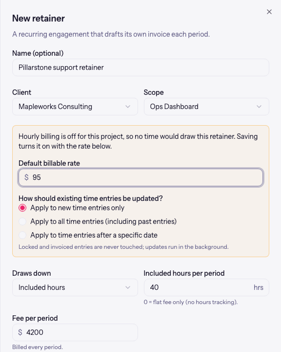 The retainer form showing the inline billing setup with a default billable rate and options for existing time entries