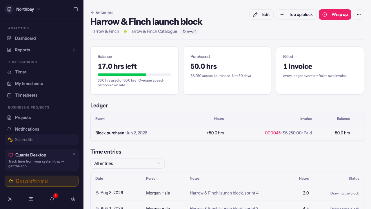 A one-off block's ledger showing the purchase, a top-up, and the current balance