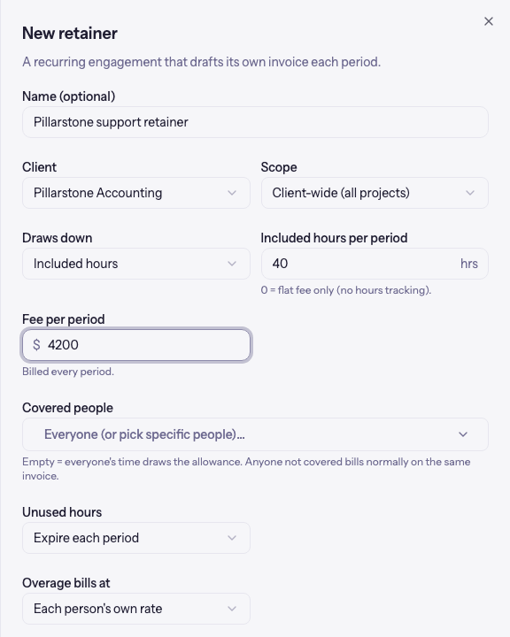 The new retainer form with client, scope, included hours, fee per period, and billing options
