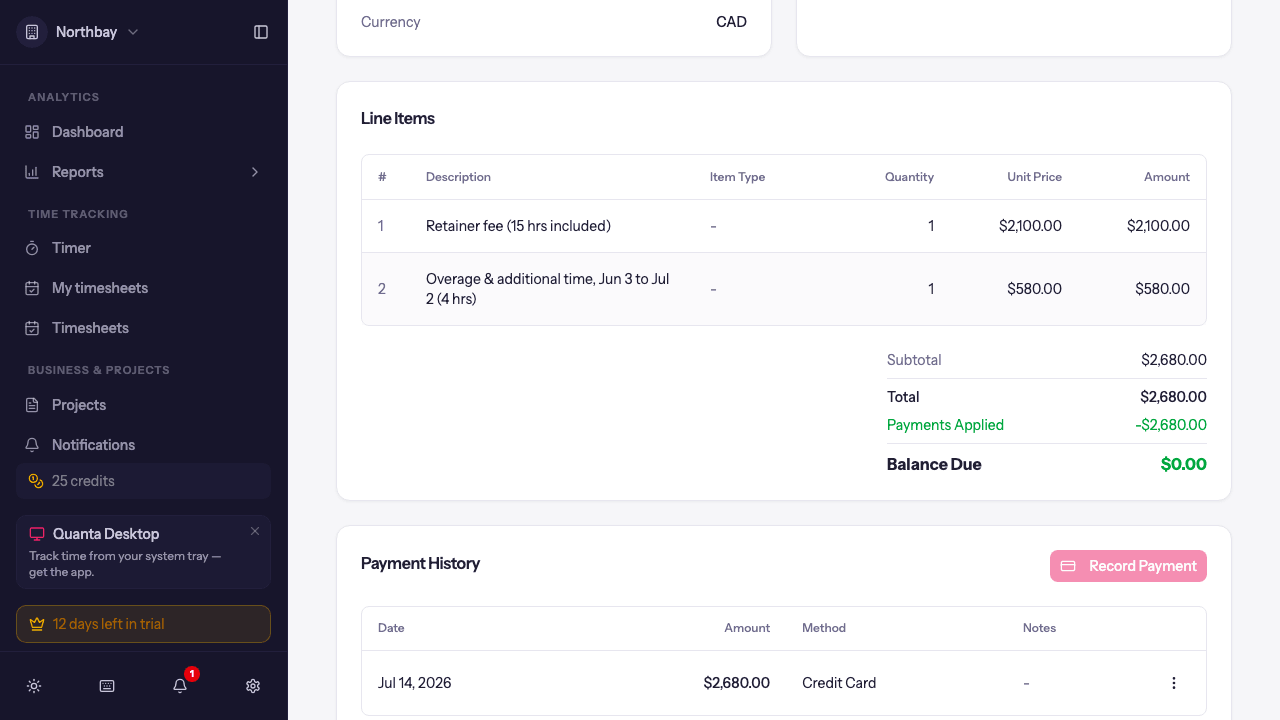 A retainer invoice's line items with the fee line, the overage line for the period, and the totals