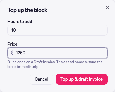 The top-up dialog asking for hours to add and a price