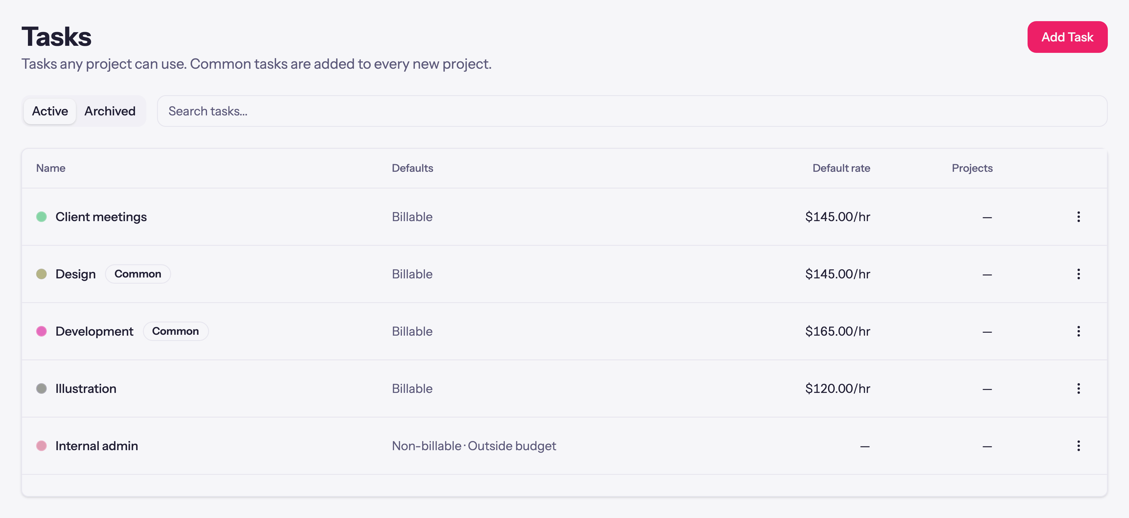 The task library: shared tasks with their defaults, rates, and colours
