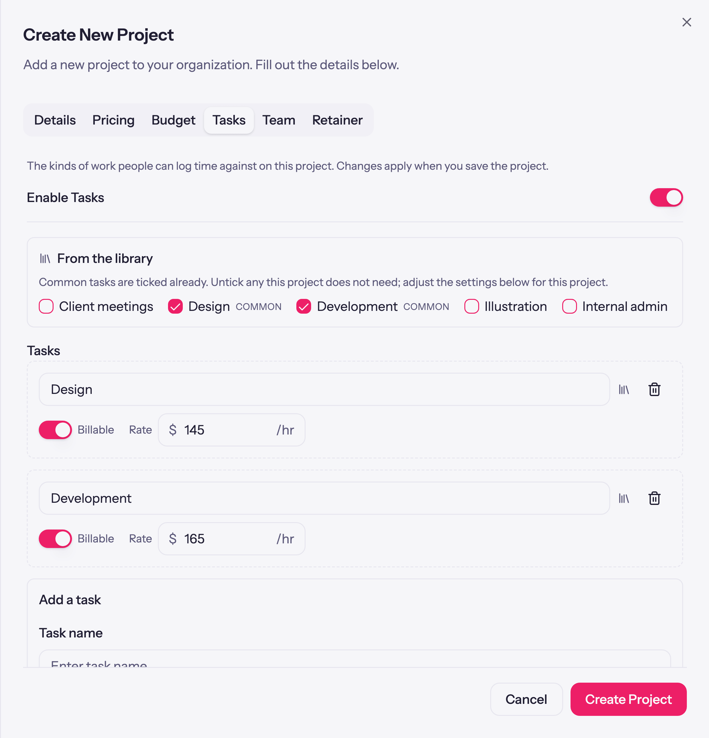 Setting per-task billable rates on a task-rate project