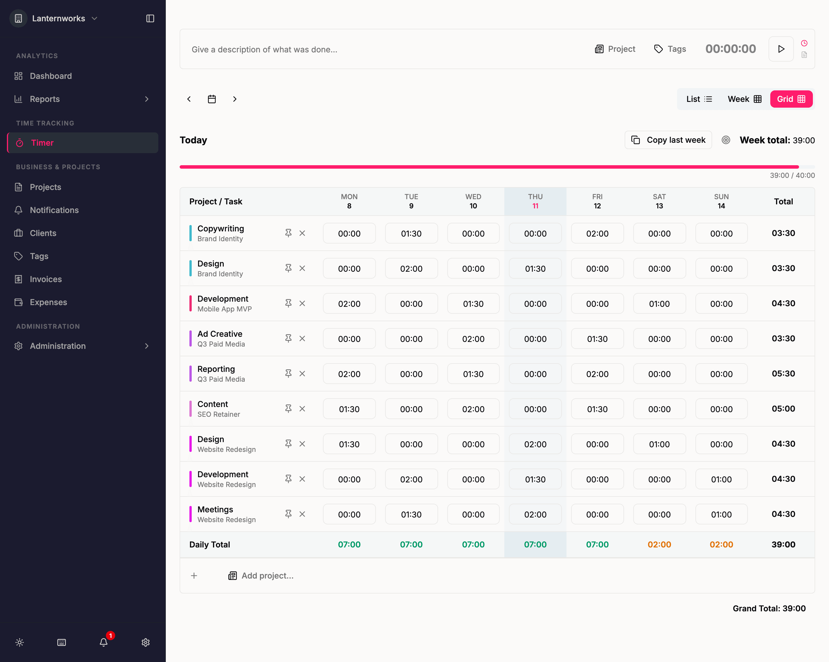 Quanta's grid view — a row per project and task, a column per day, type your hours and you're done