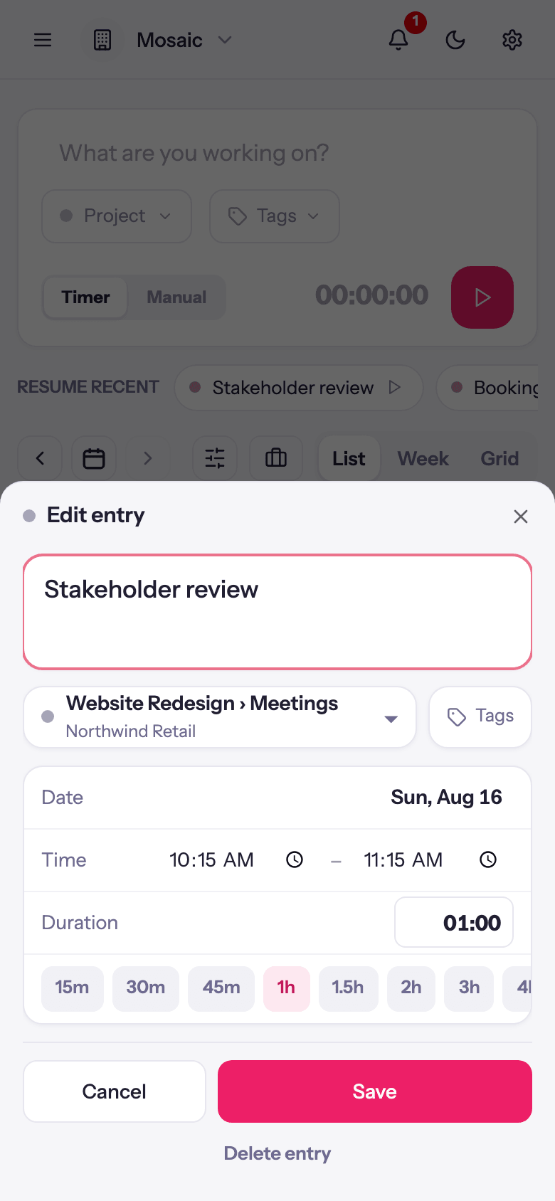 Editing a time entry on a phone: description, project, tags, date, time and duration in a bottom sheet