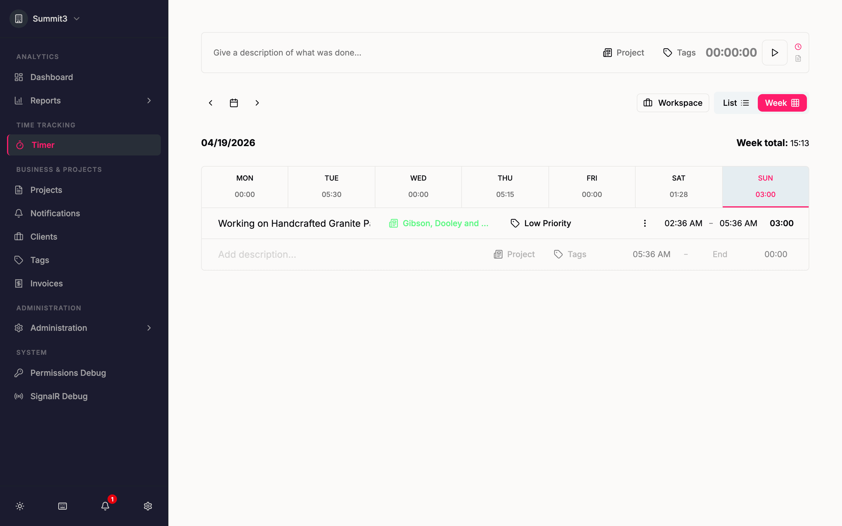 Quanta's weekly timesheet view — fill in hours across the week in one grid