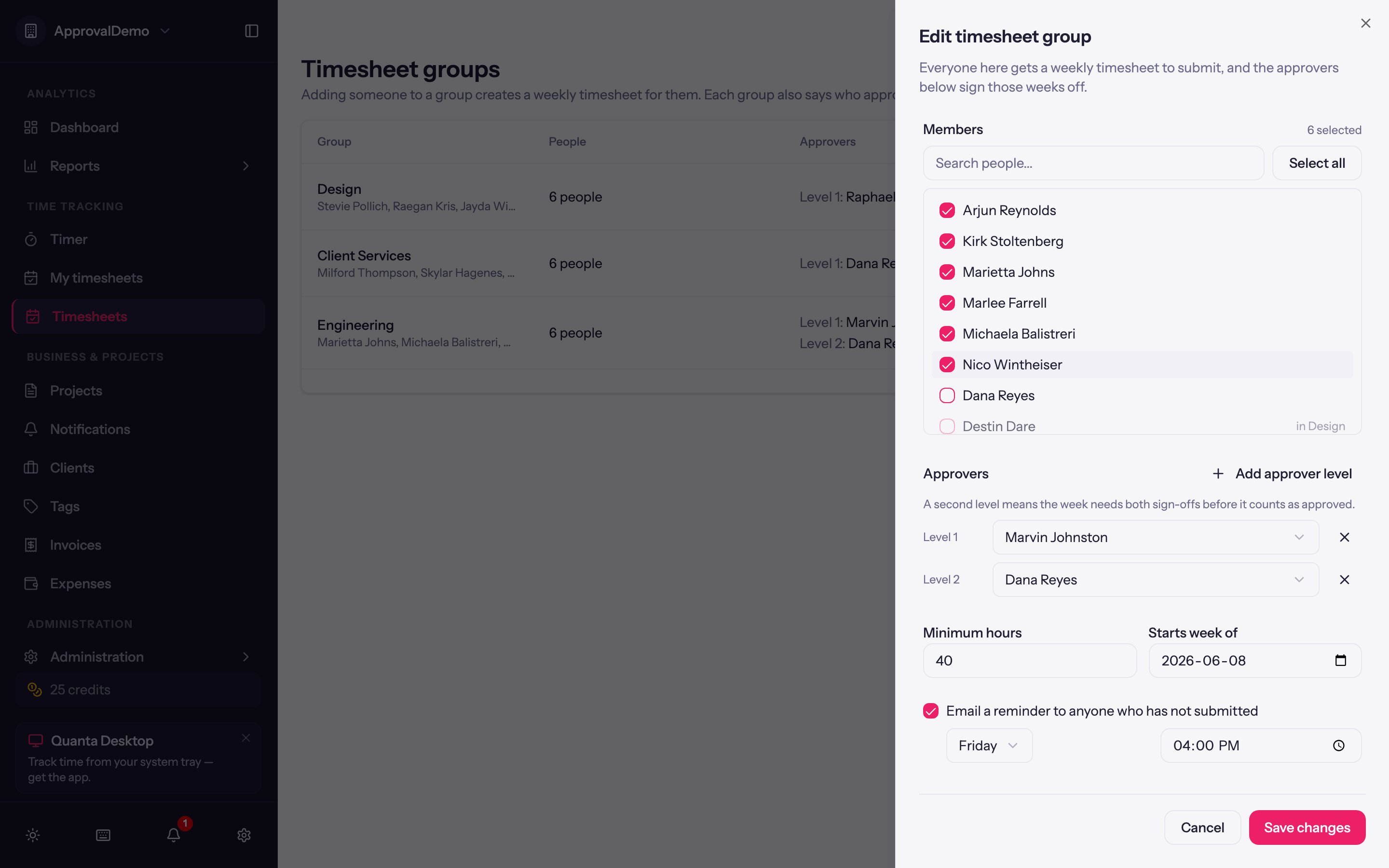 Creating a timesheet group: members, approvers by level, minimum hours, and a reminder schedule
