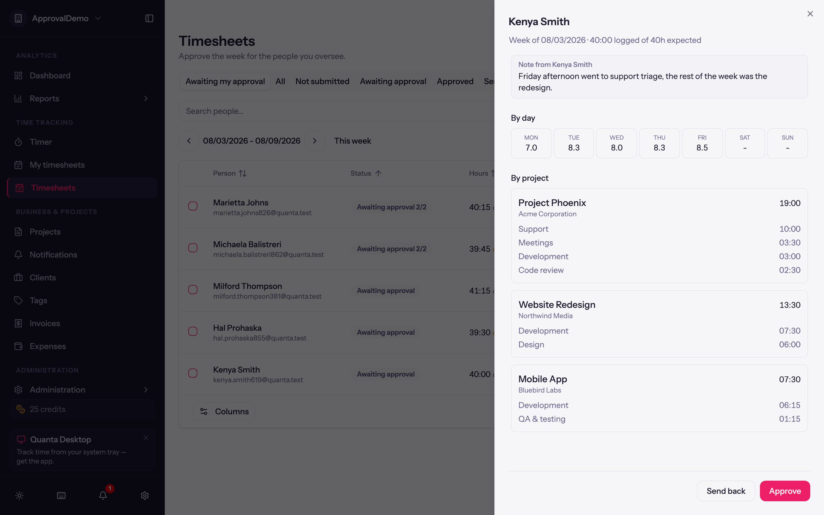 The review sheet: the week broken down by day and by project, with approve and send back actions
