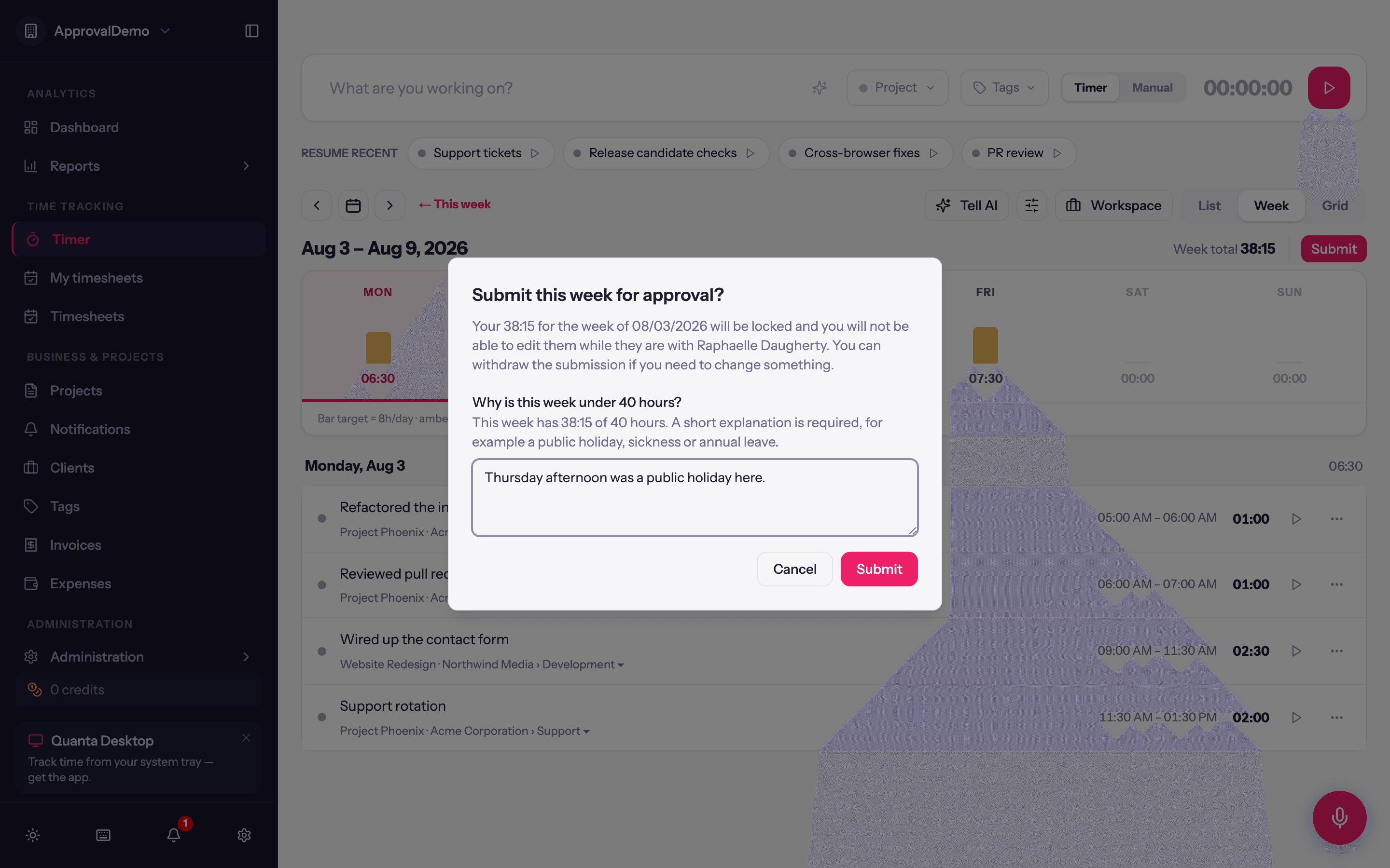 Submitting a week for approval: the week total, the lock warning, and a note for the approver