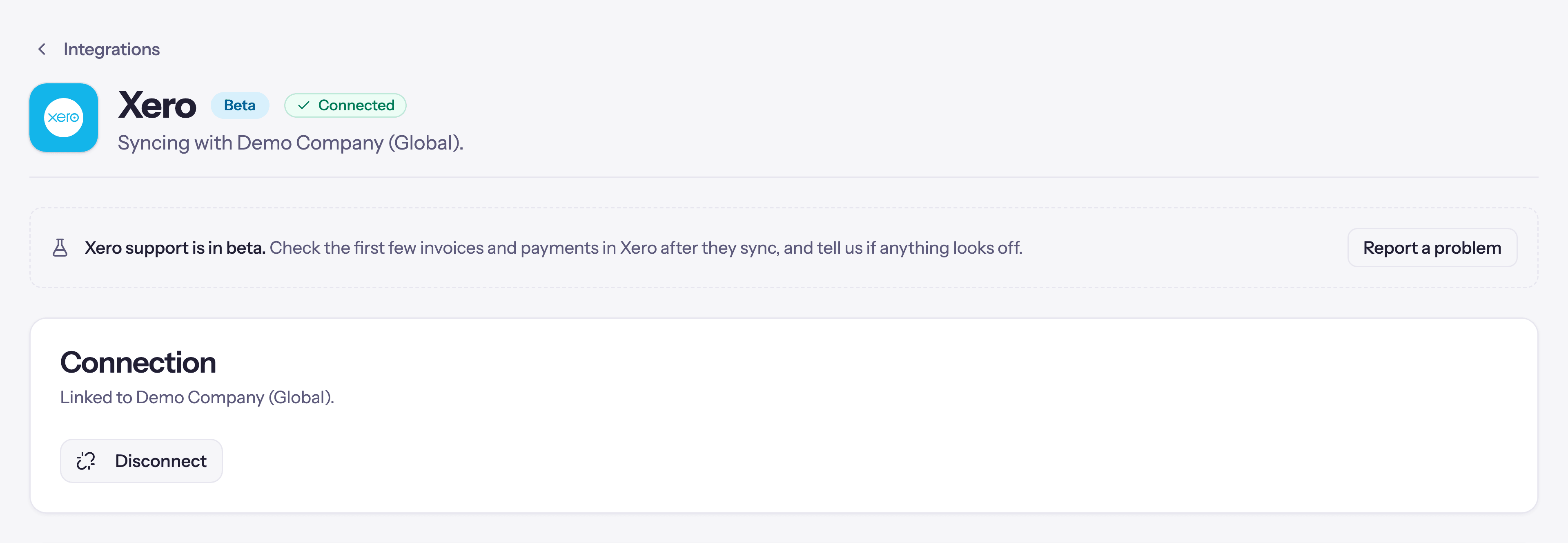 The Xero page once connected, with the Beta and Connected badges and the organisation it is syncing with