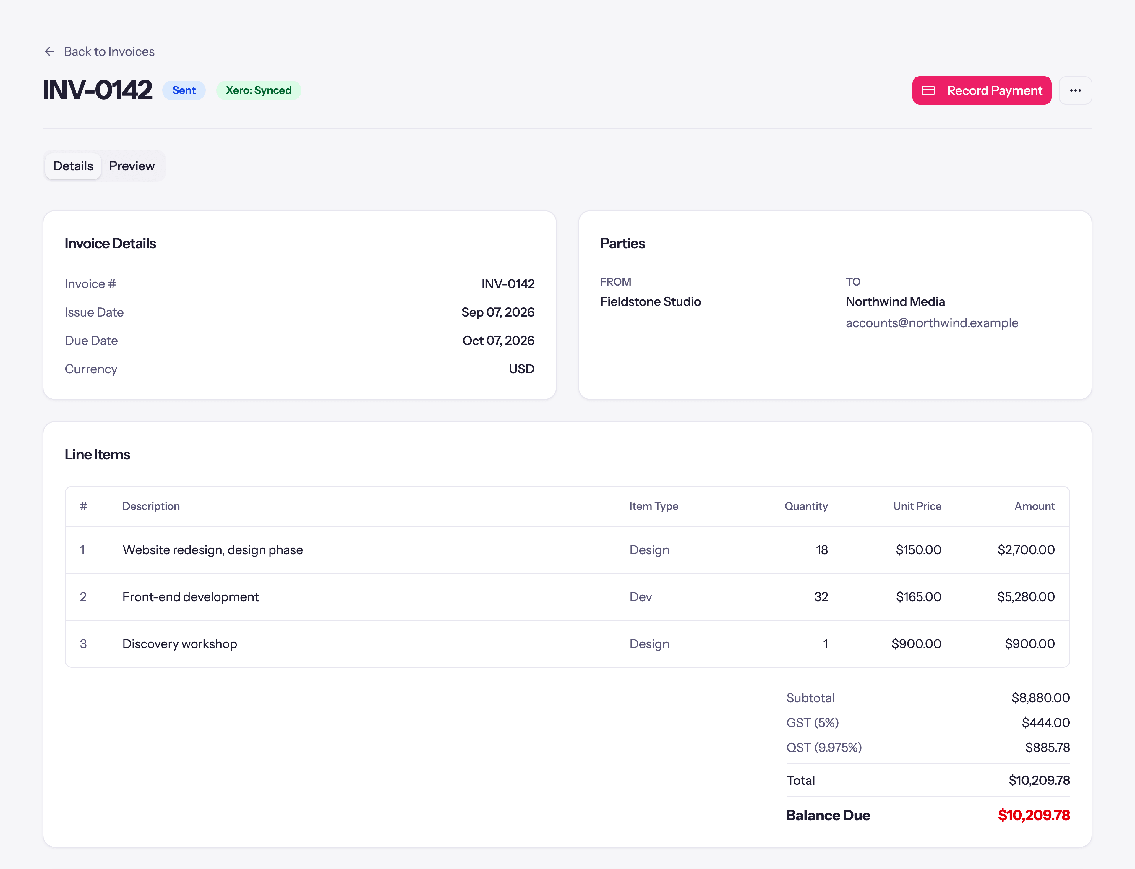 An invoice in Quanta marked Sent and Xero: Synced, with Design and Dev item types, GST and QST tax lines, and the total