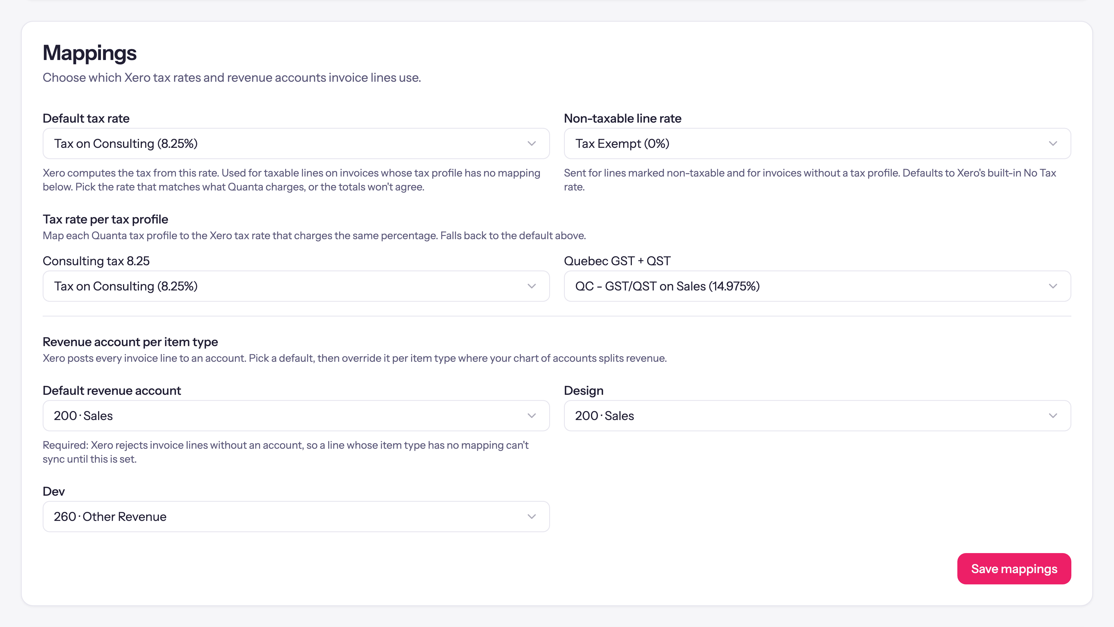 The Mappings card: a default tax rate, a Quebec GST + QST profile mapped to Xero's QC GST/QST rate, and a revenue account per item type