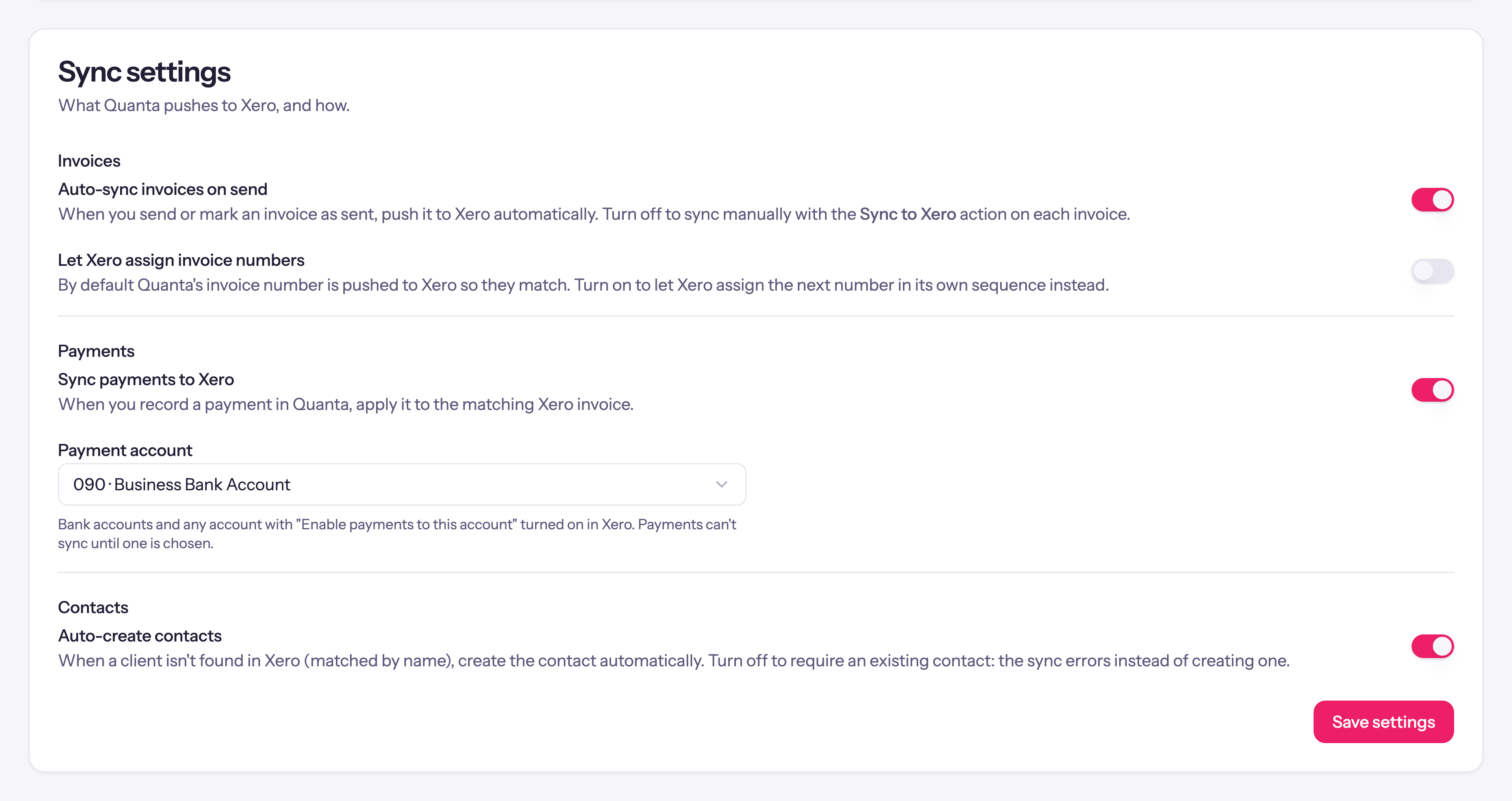 The Sync settings card: auto-sync invoices on send, Xero-assigned invoice numbers, payment sync with a payment account, and auto-create contacts