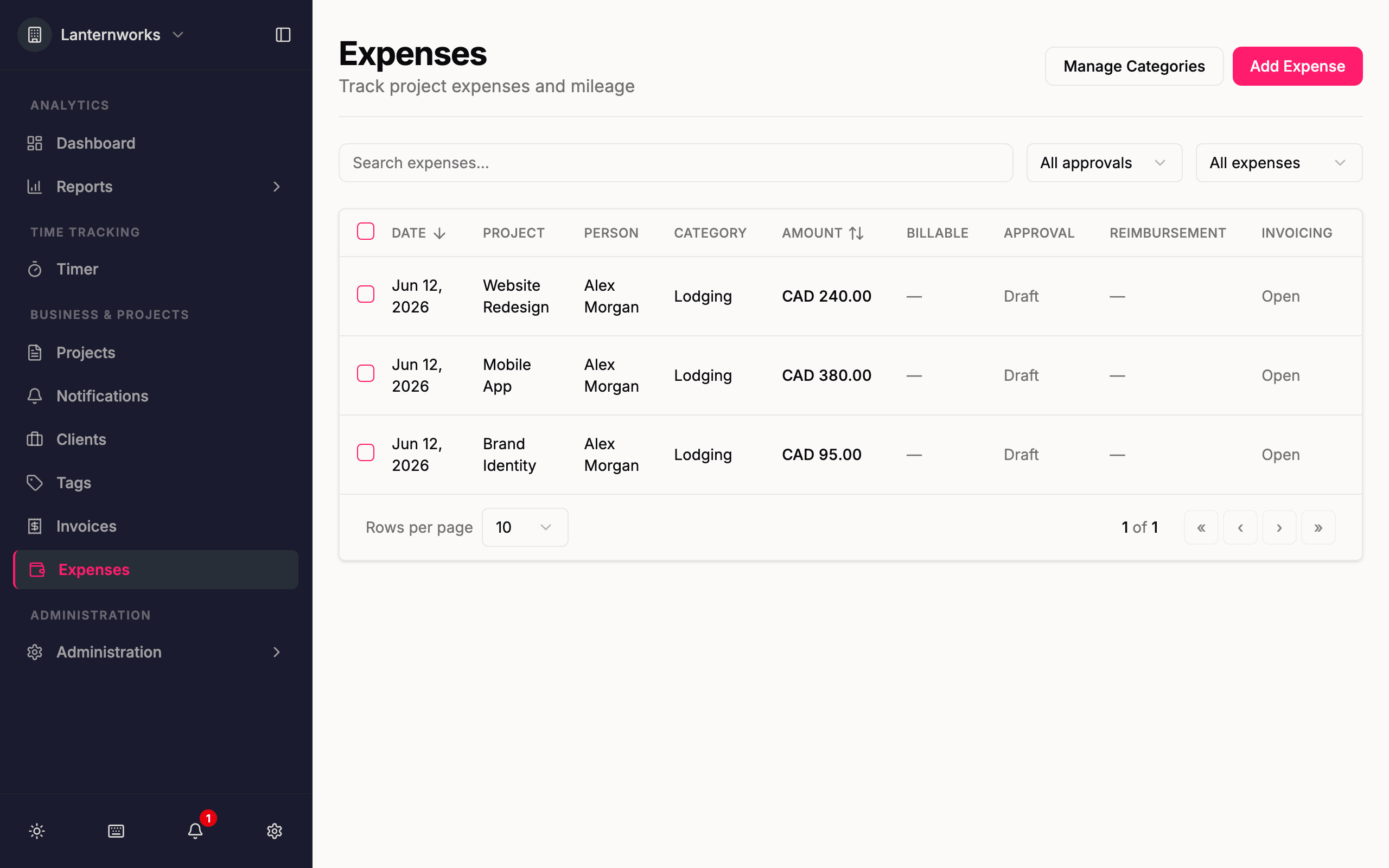 Project expenses with receipts in Quanta