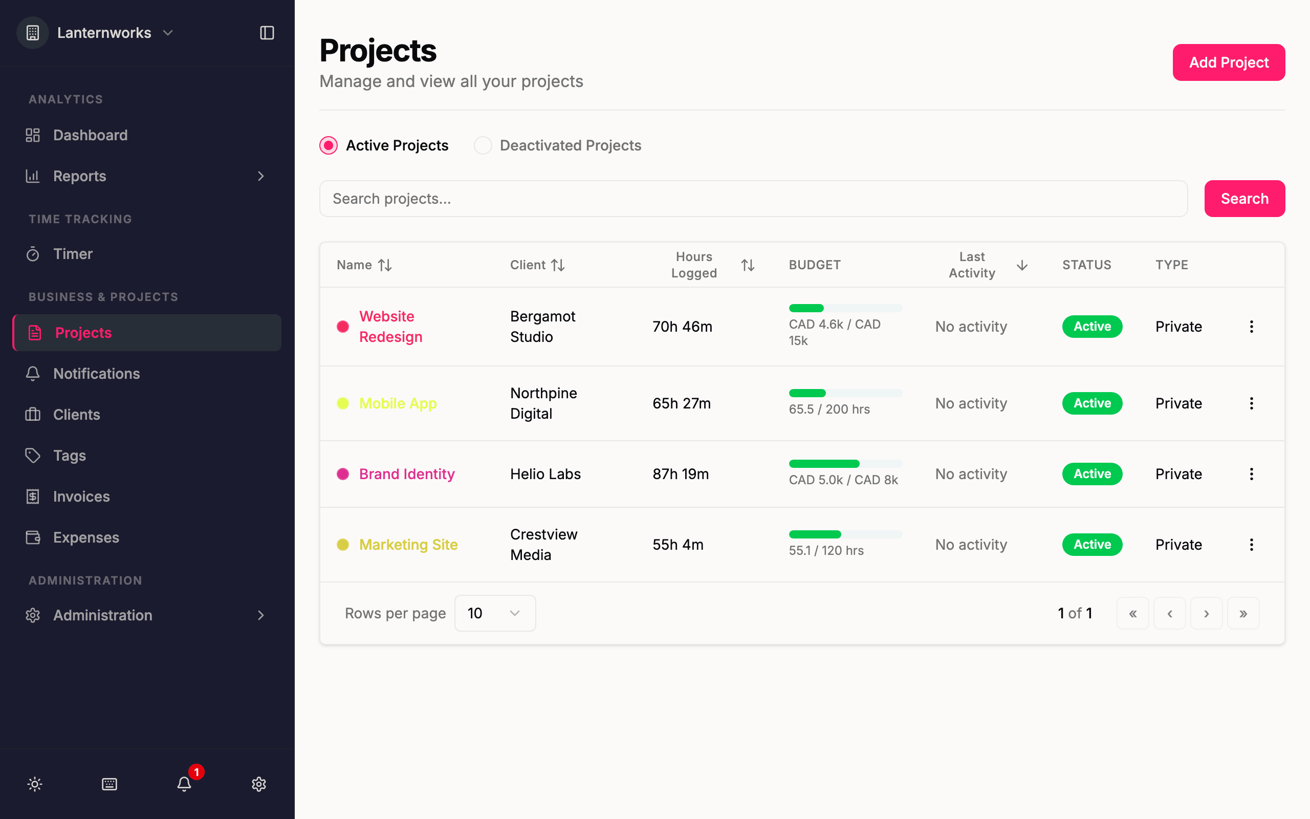 Quanta projects list with clients and budgets