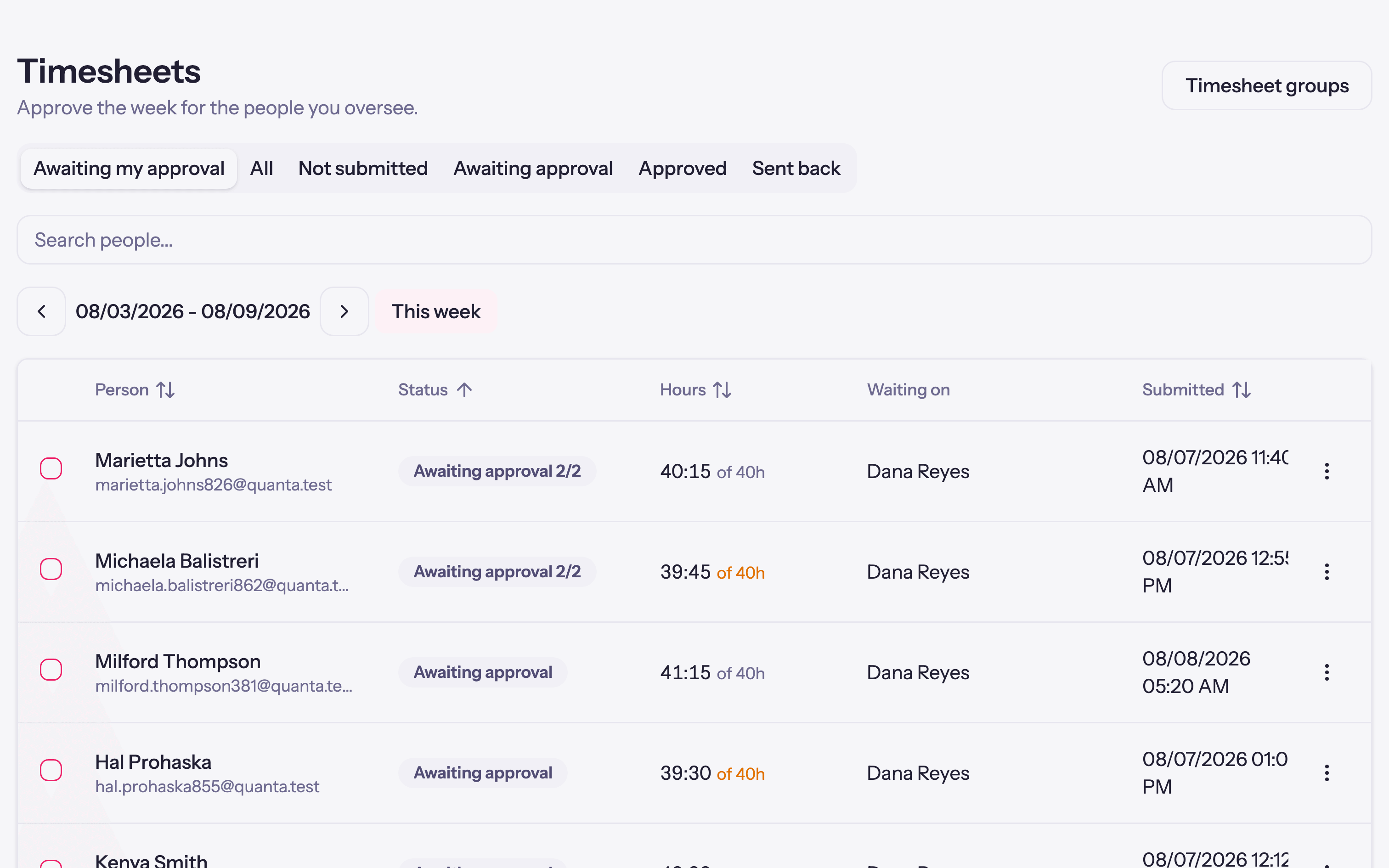 Quanta's timesheet approvals list, with each week's hours and status