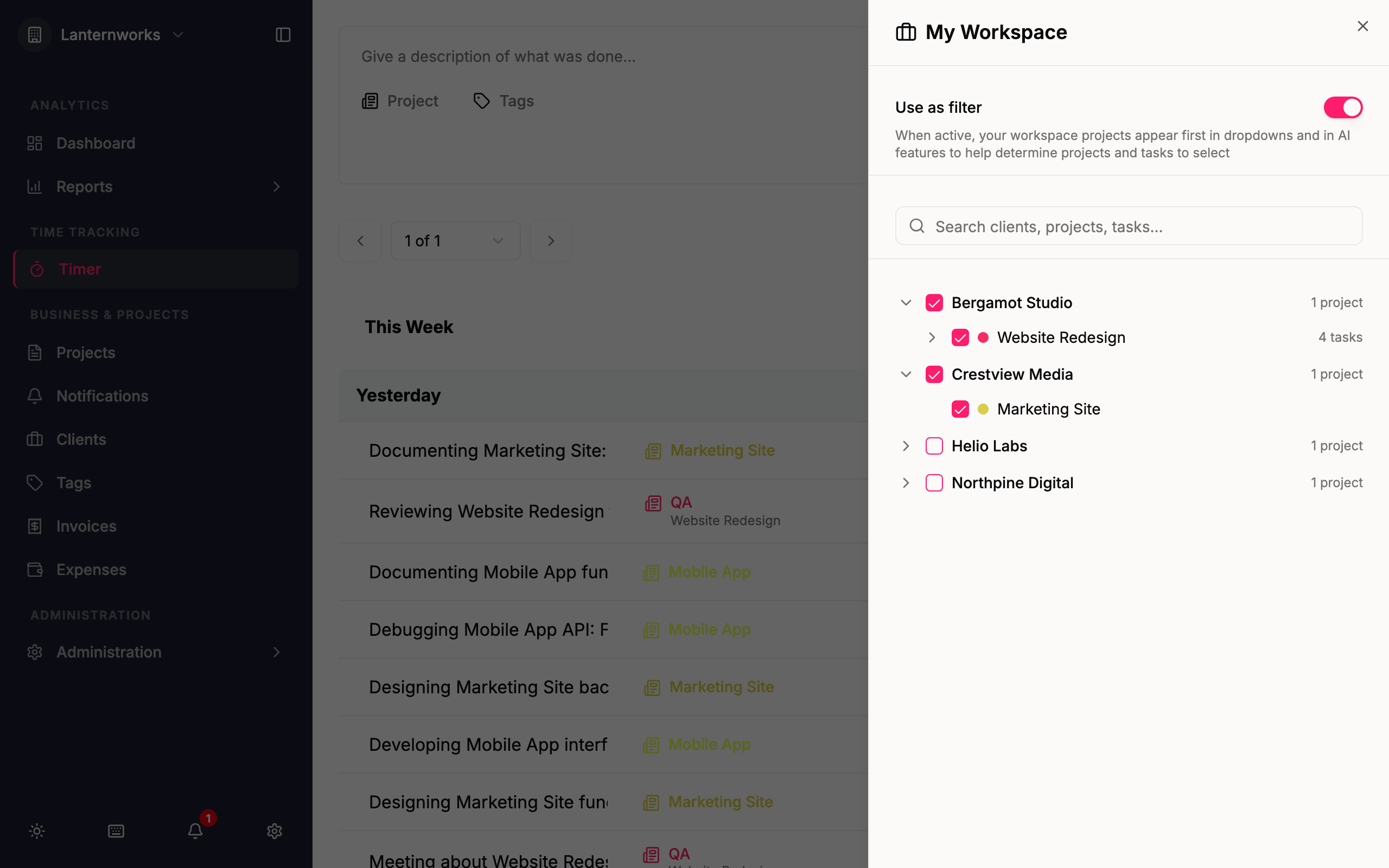 My Workspace — pin active clients, projects, and tasks in Quanta