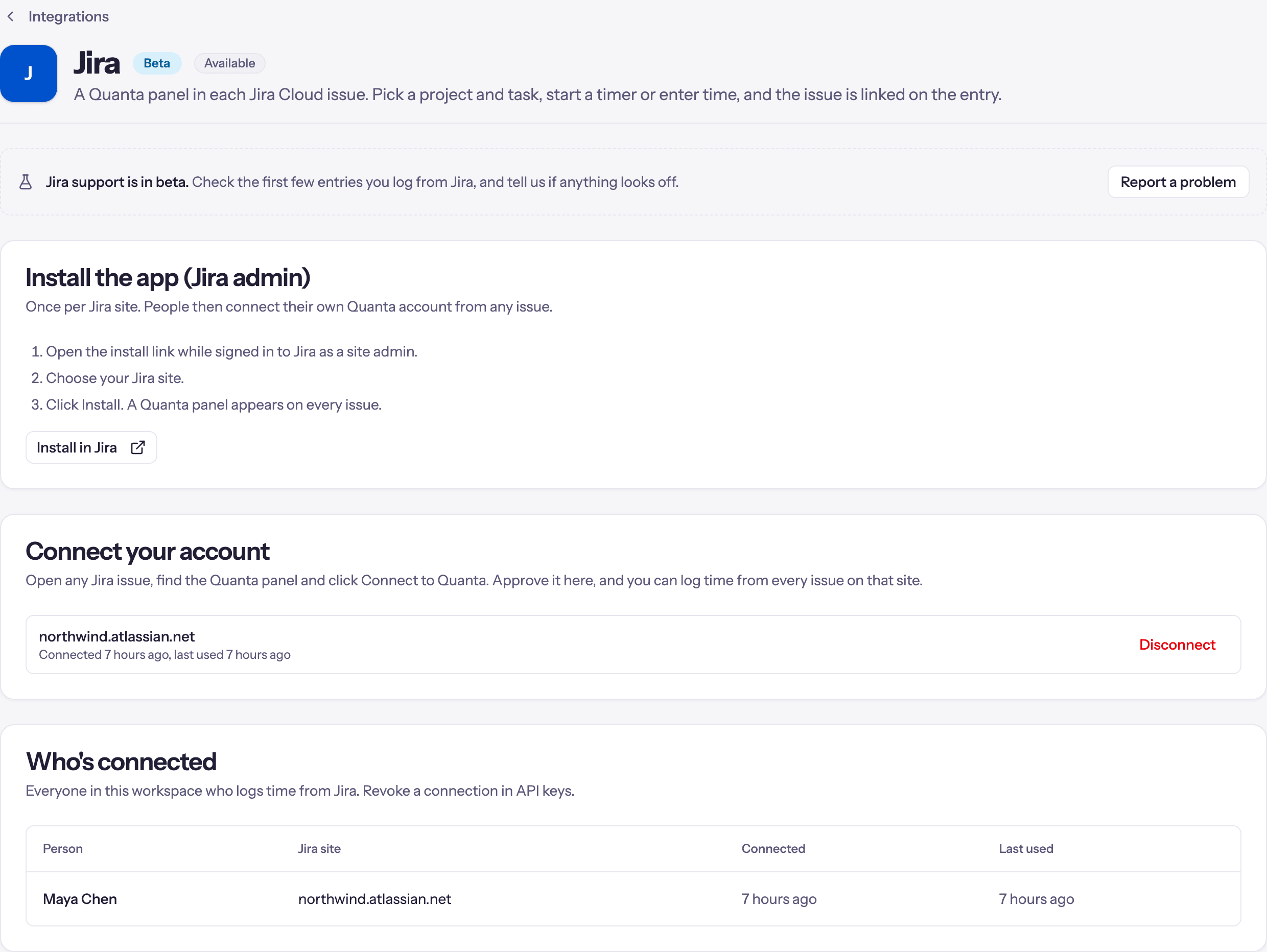The Jira page in Quanta: install the app, connect your account, and who's connected.