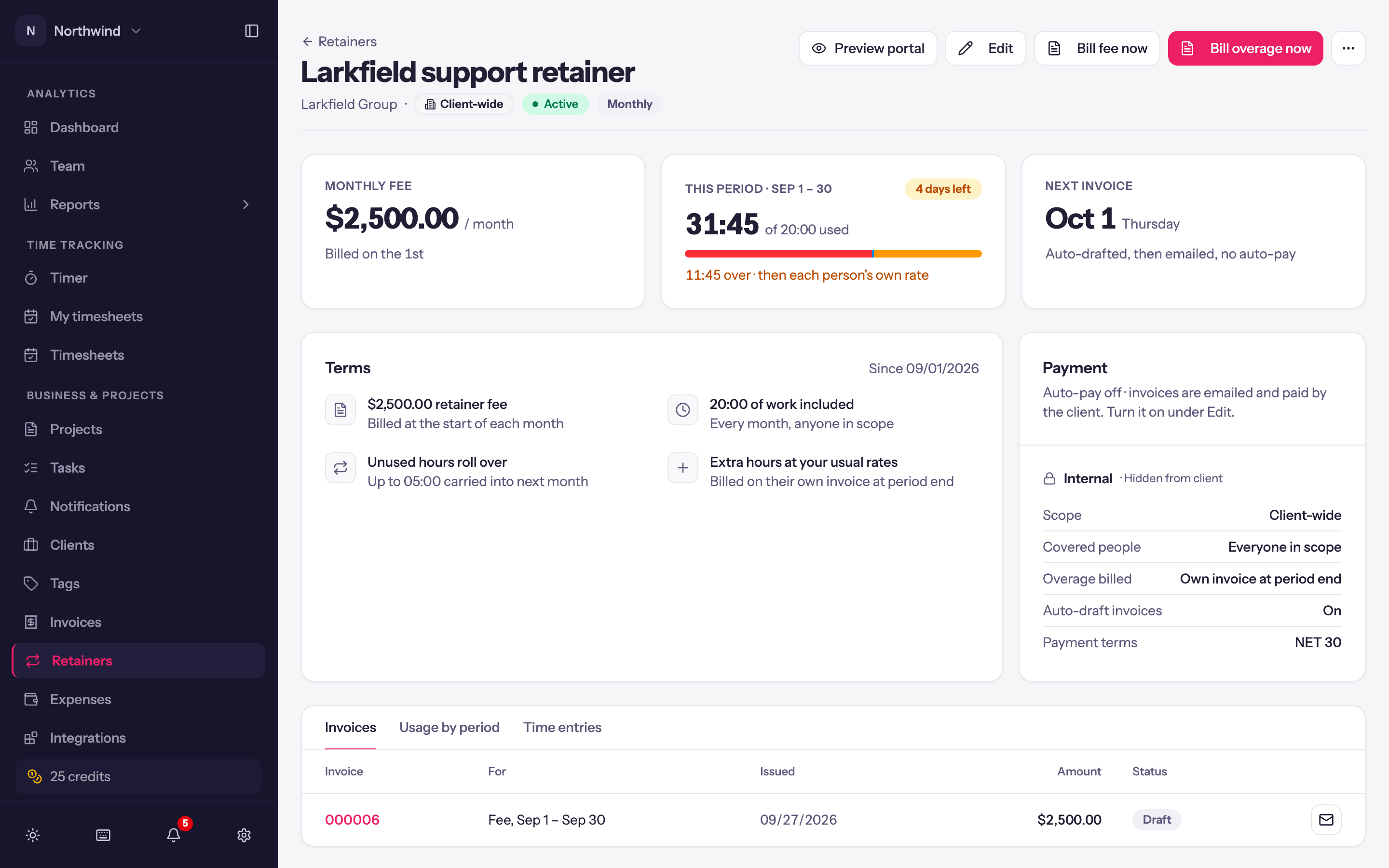 A retainer page: the summary cards, the terms, payment and internal settings, and the invoices tab.
