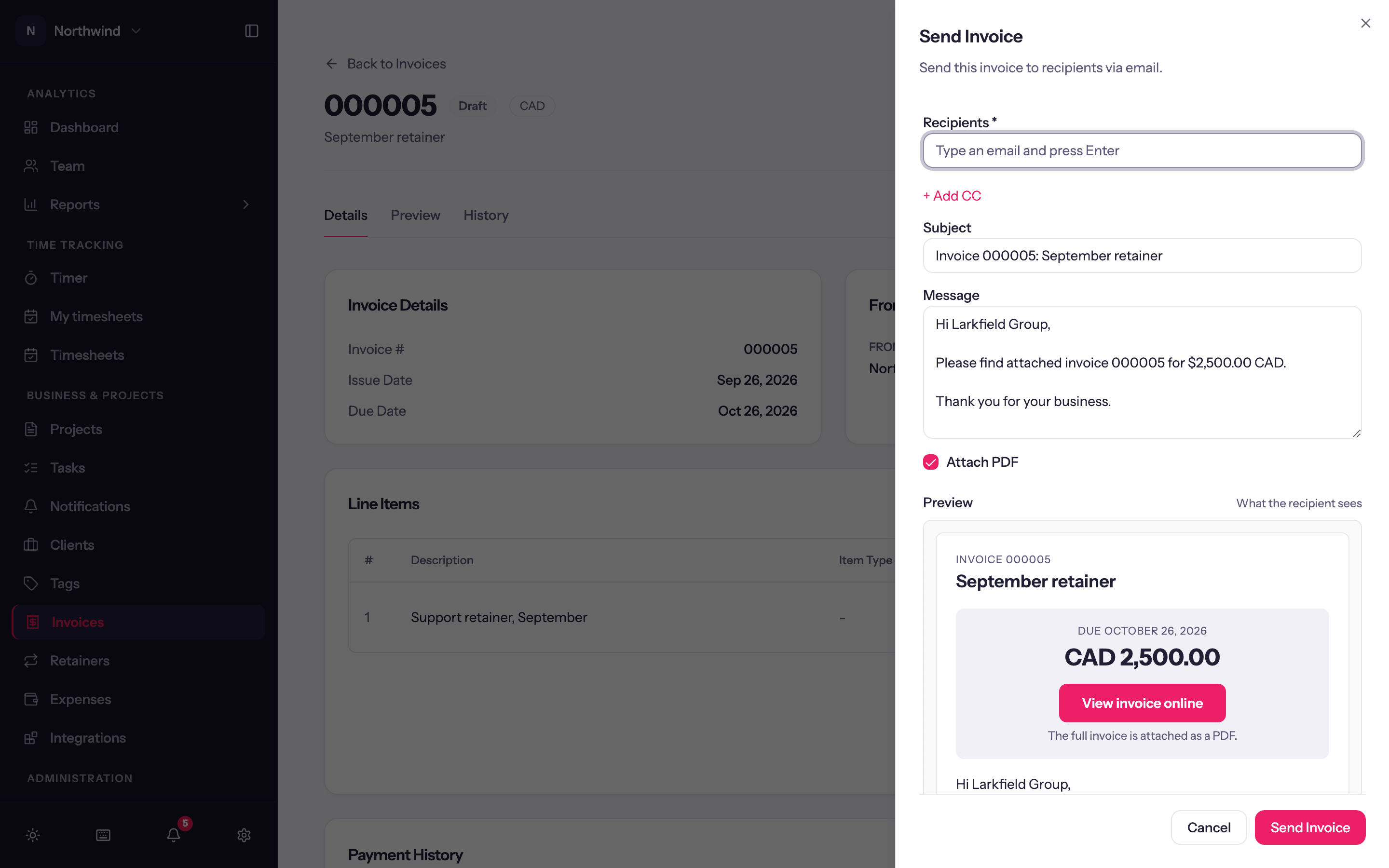 The Send Invoice sheet: recipients, subject, message, attachment switches and the email preview.