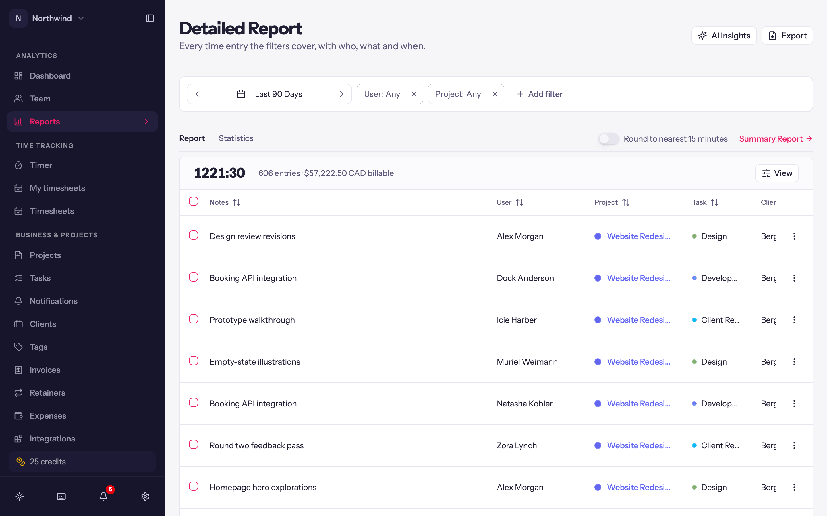 The Detailed report: the date range and filter chips across the top, then the total and one row per entry with notes, user, project, task, client, time and duration.