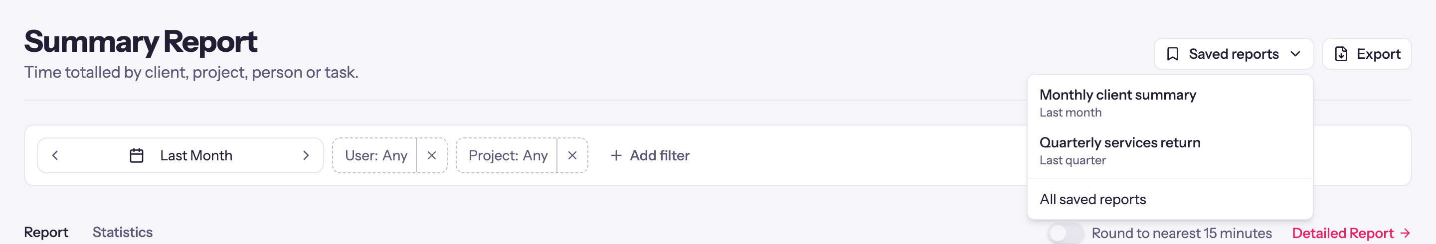 The Summary report header with the Saved reports menu open, listing two saved reports with their periods and the All saved reports link at the bottom.