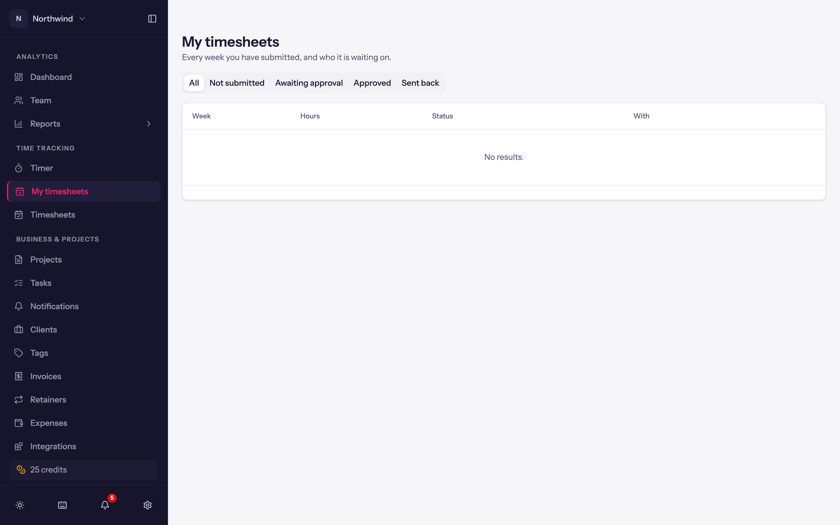 My timesheets: every week with its status and who it is waiting on.