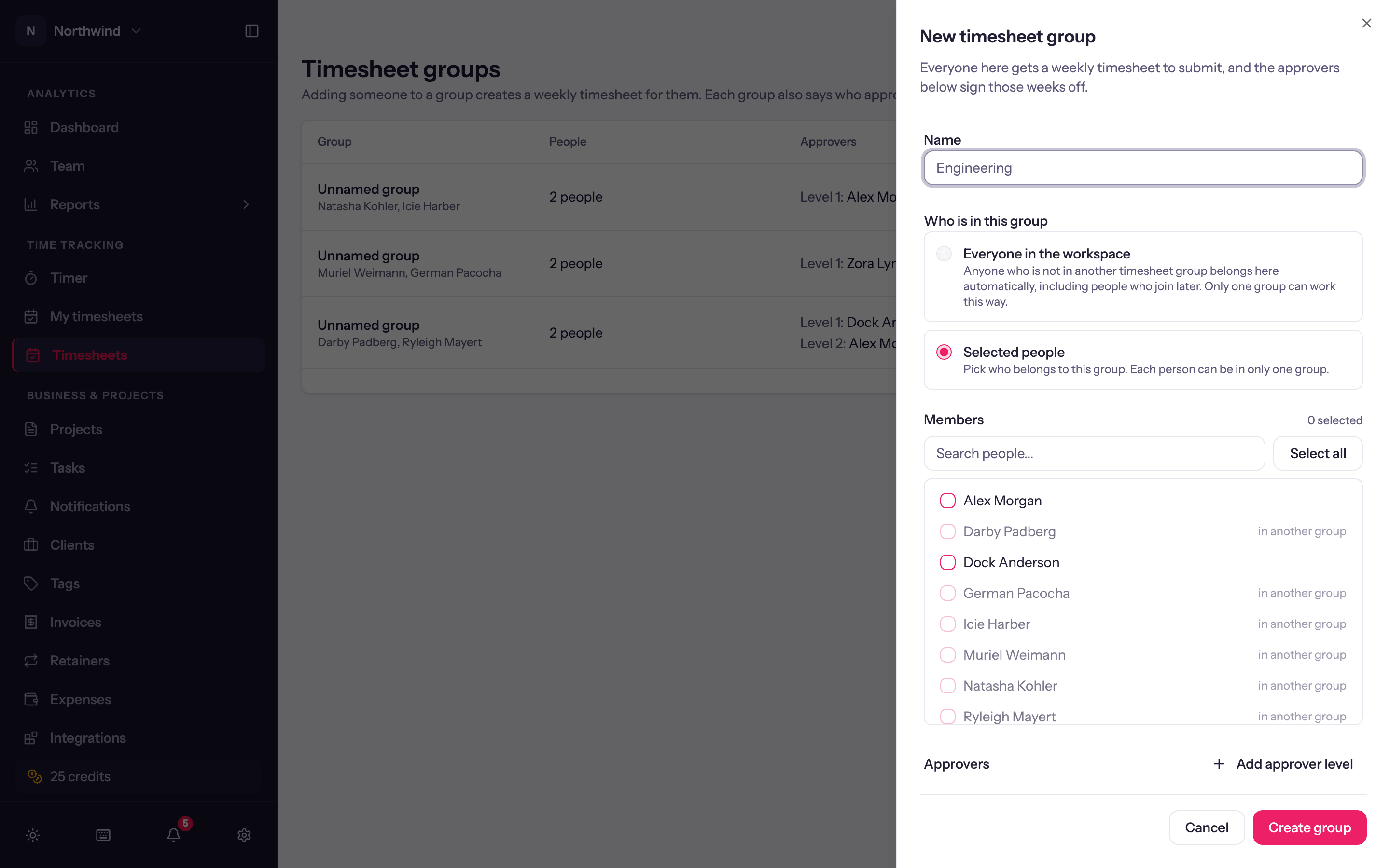 The New group sheet: name, members, approver levels, minimum hours, start week and reminders.