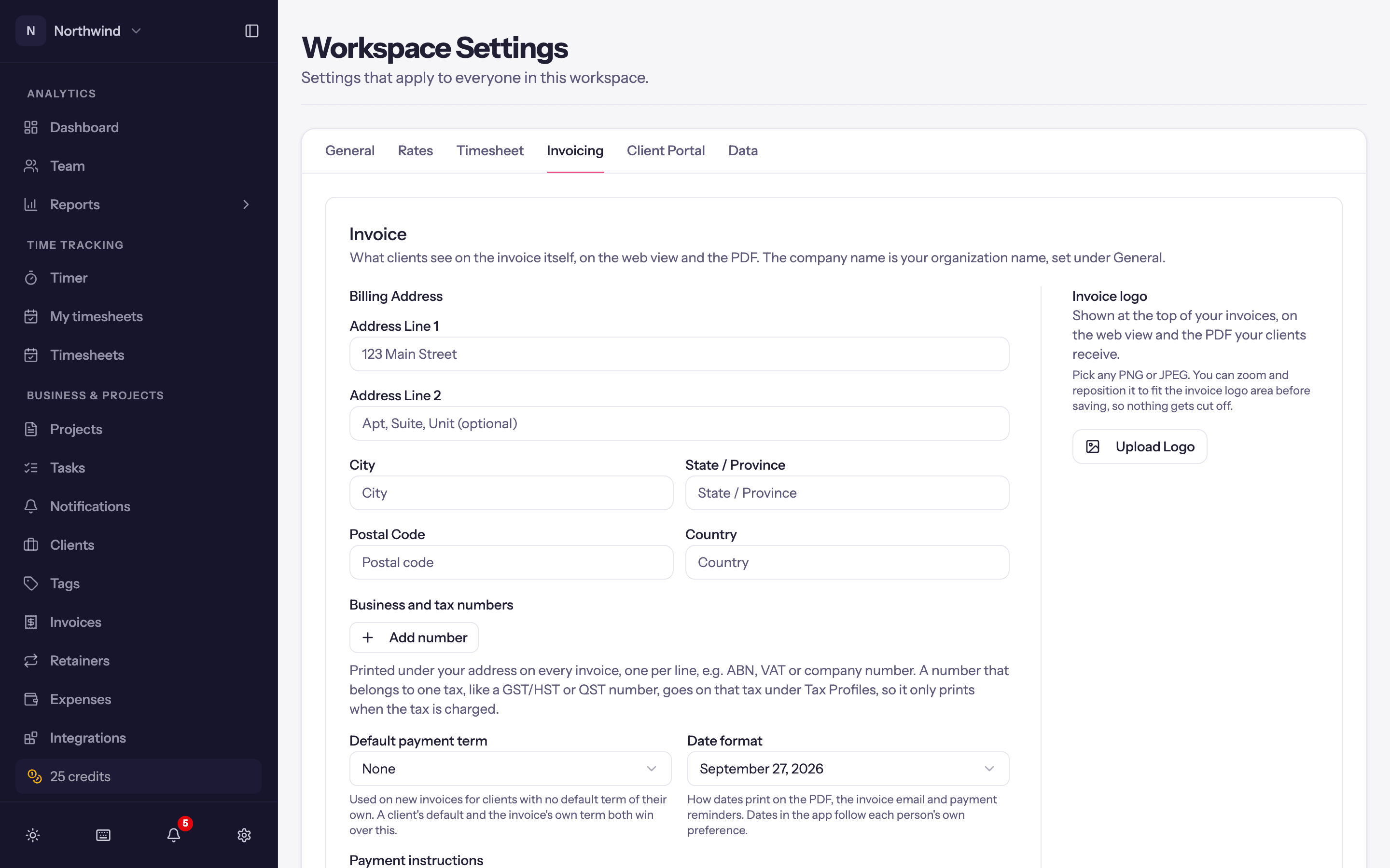 The Invoicing tab of Workspace Settings.