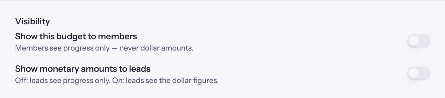 Quanta budget visibility switches for members and leads