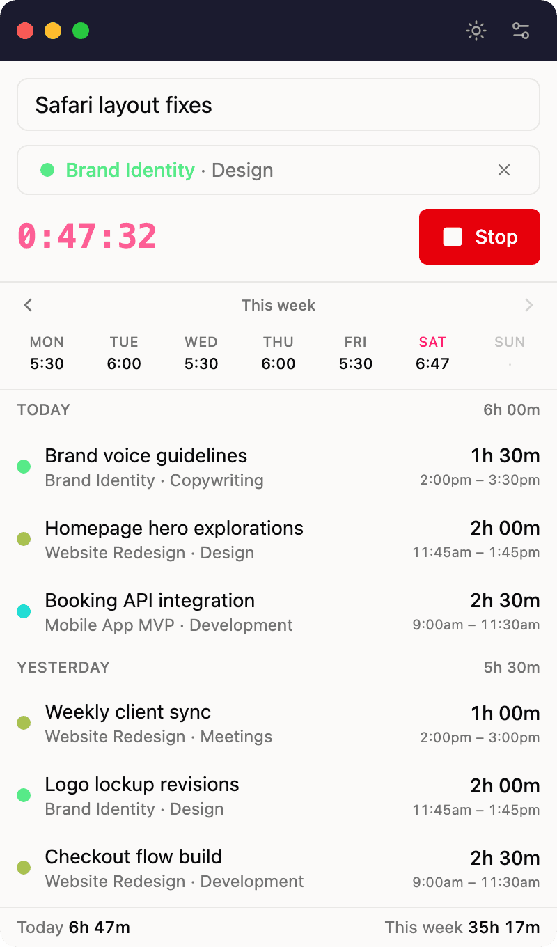 Quanta Desktop — running timer with the week at a glance