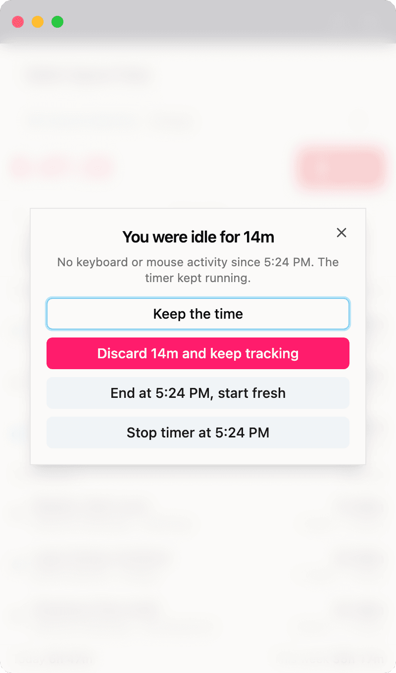 Quanta Desktop idle prompt — keep, discard, split, or stop