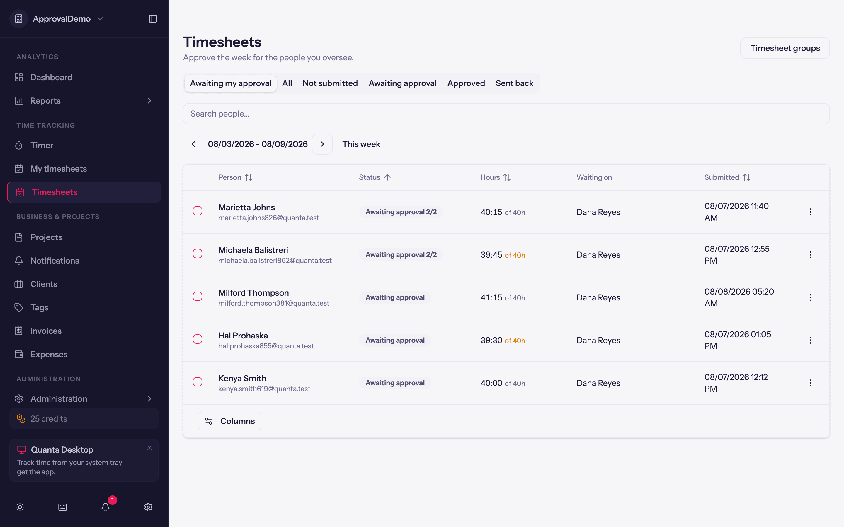 Weekly Timesheet Approval in Quanta