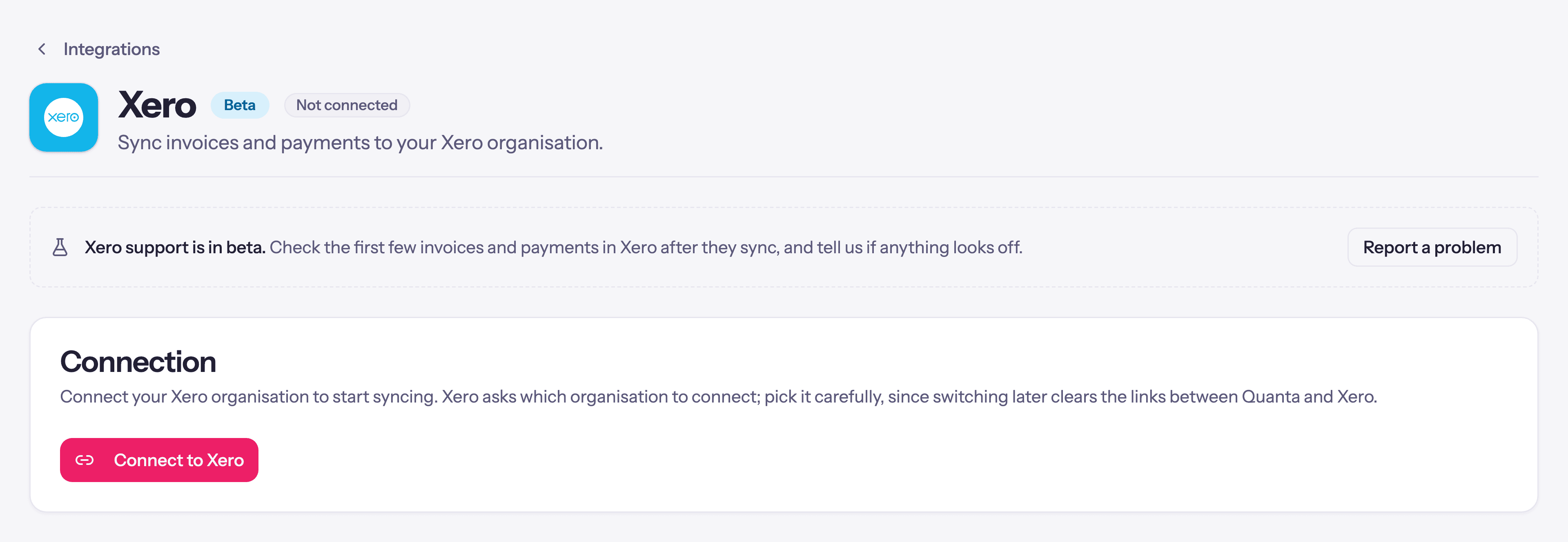 Quanta's Xero integration settings