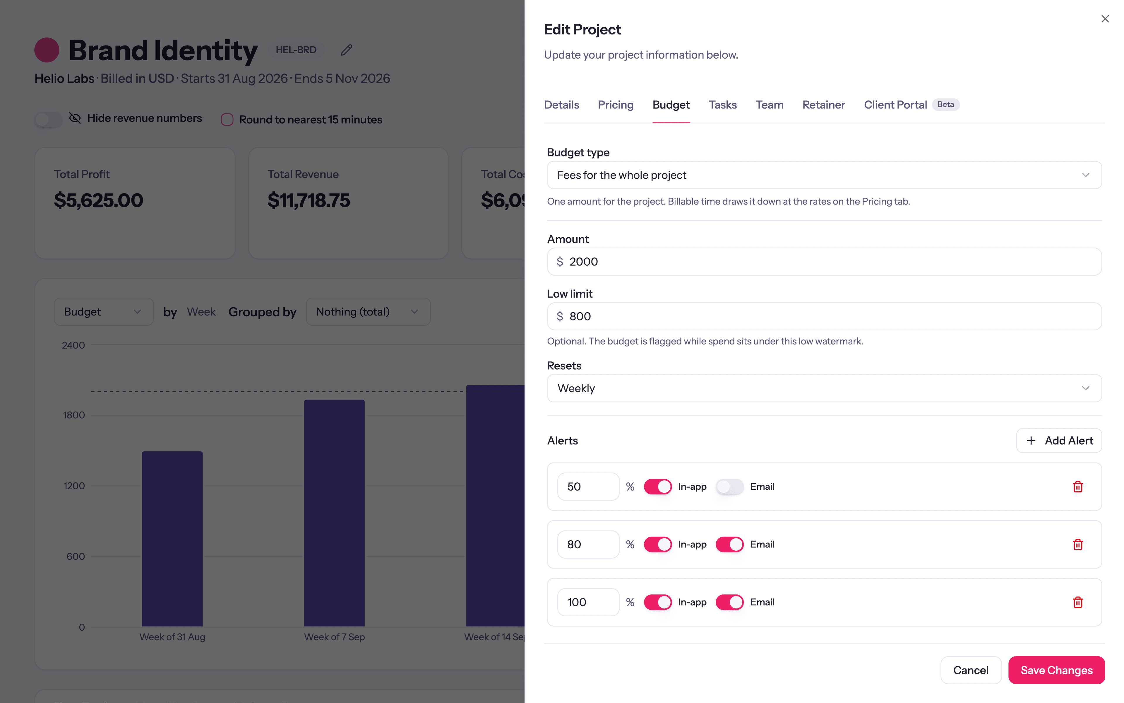A weekly fee budget in Quanta with a low limit and alerts at 50, 80 and 100 percent